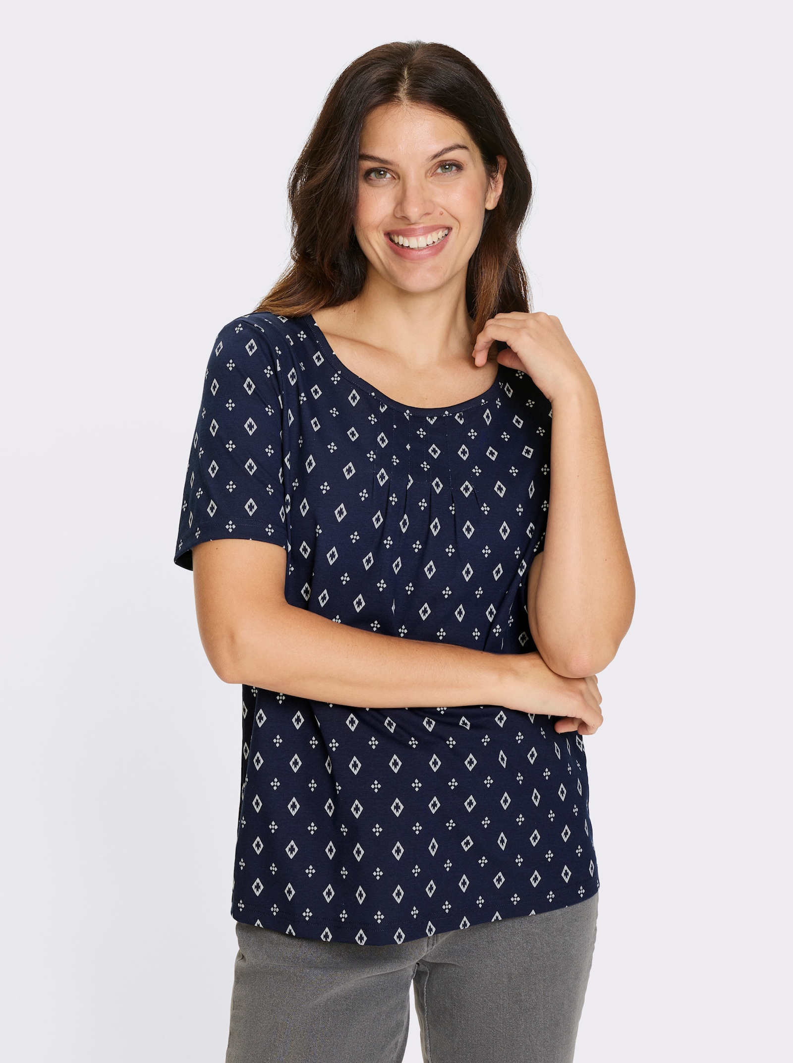 Kurzarmshirt im Minimal-Muster - marine-weiss-bedruckt