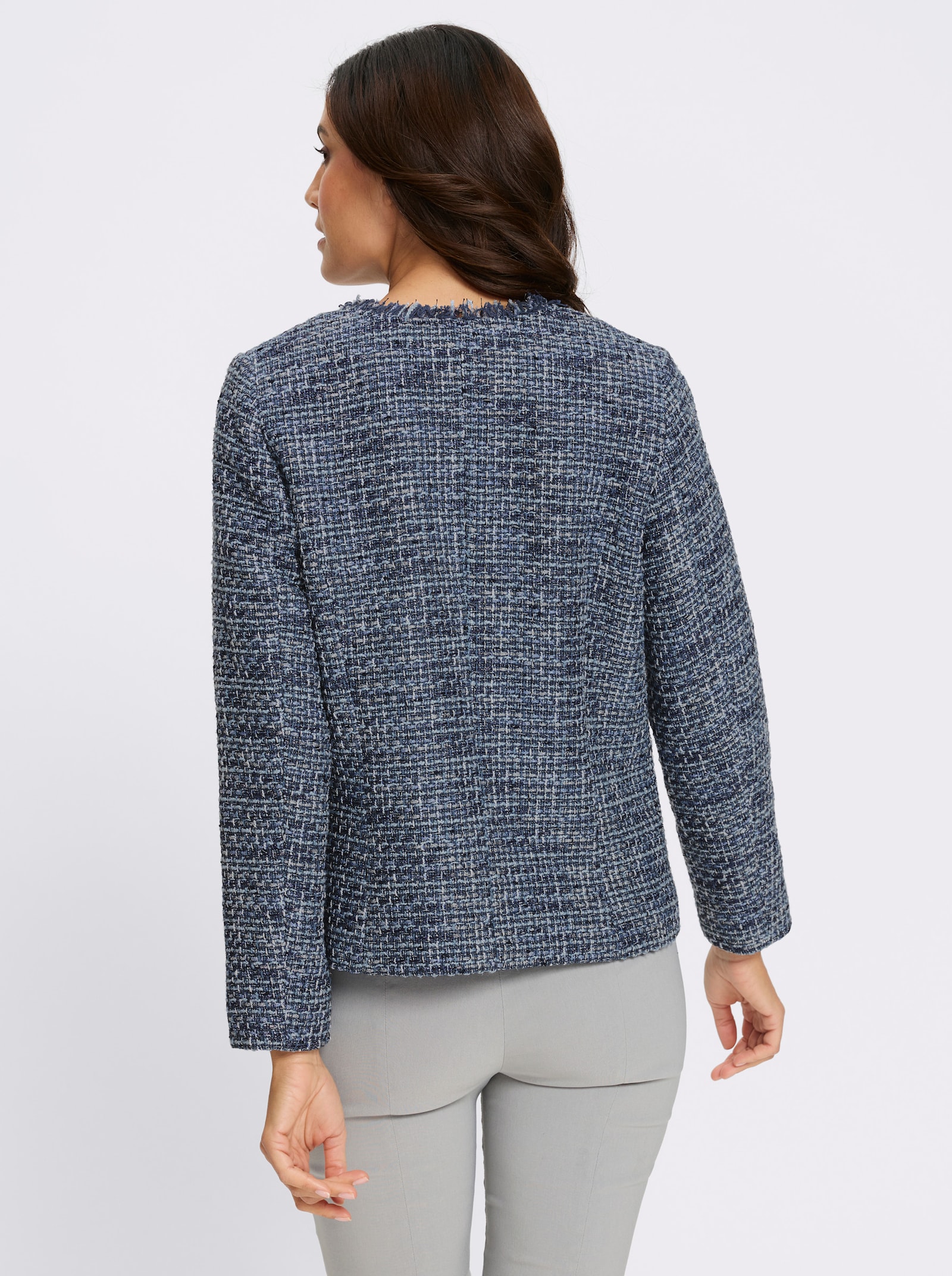 Bouclé-Blazer mit Fransenkante - marine-eisblau-meliert