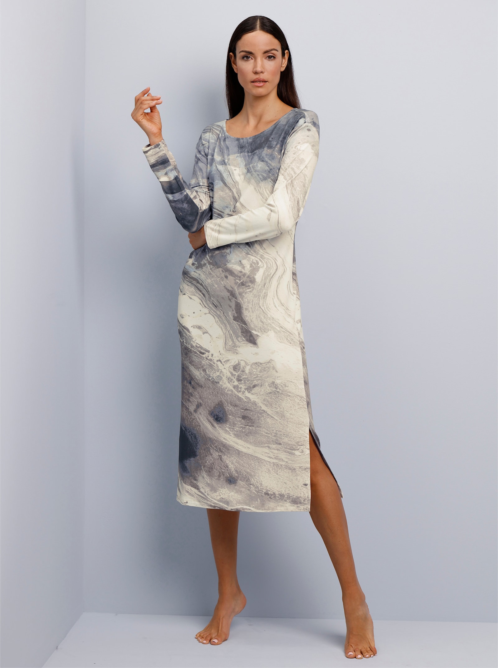 wäschepur Nachthemd mit Seitenschlitzen - champagner-rauchblau-bedruckt