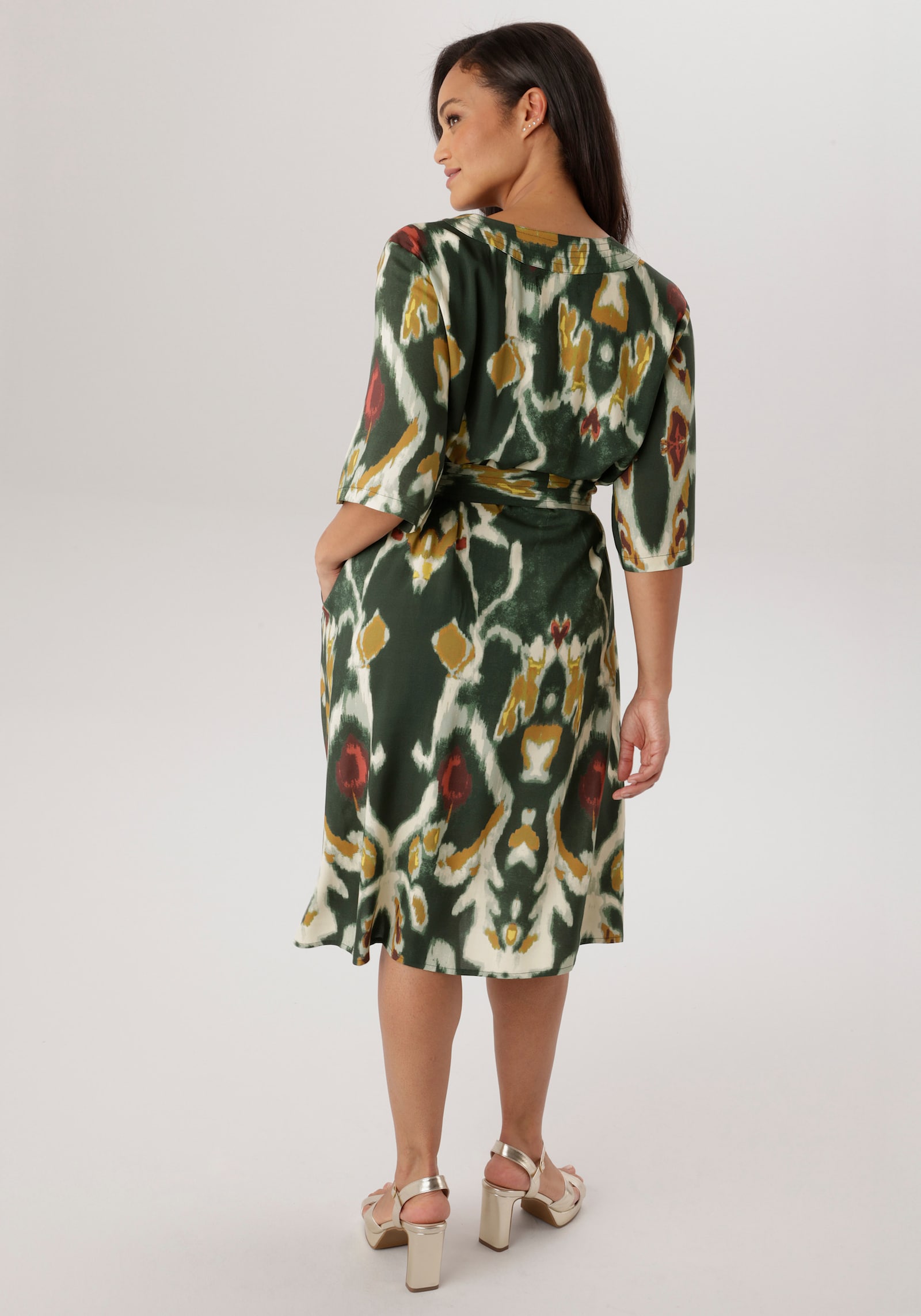 Aniston PLUS Blusenkleid - khaki-weiß-bordeaux-senf