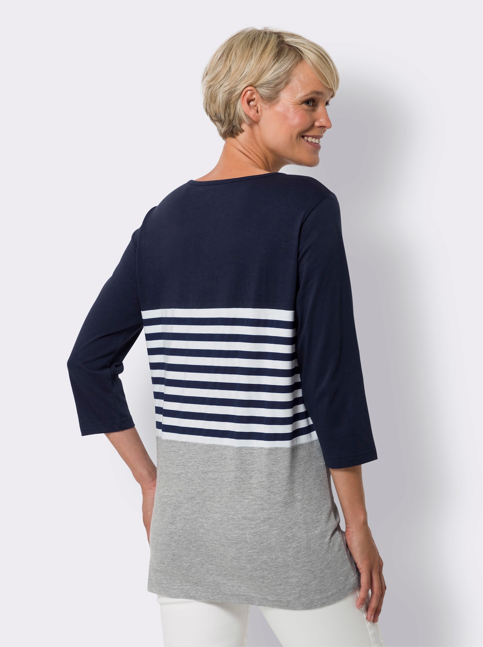 Lång topp med infällda ränder - marin-vit, tryckt