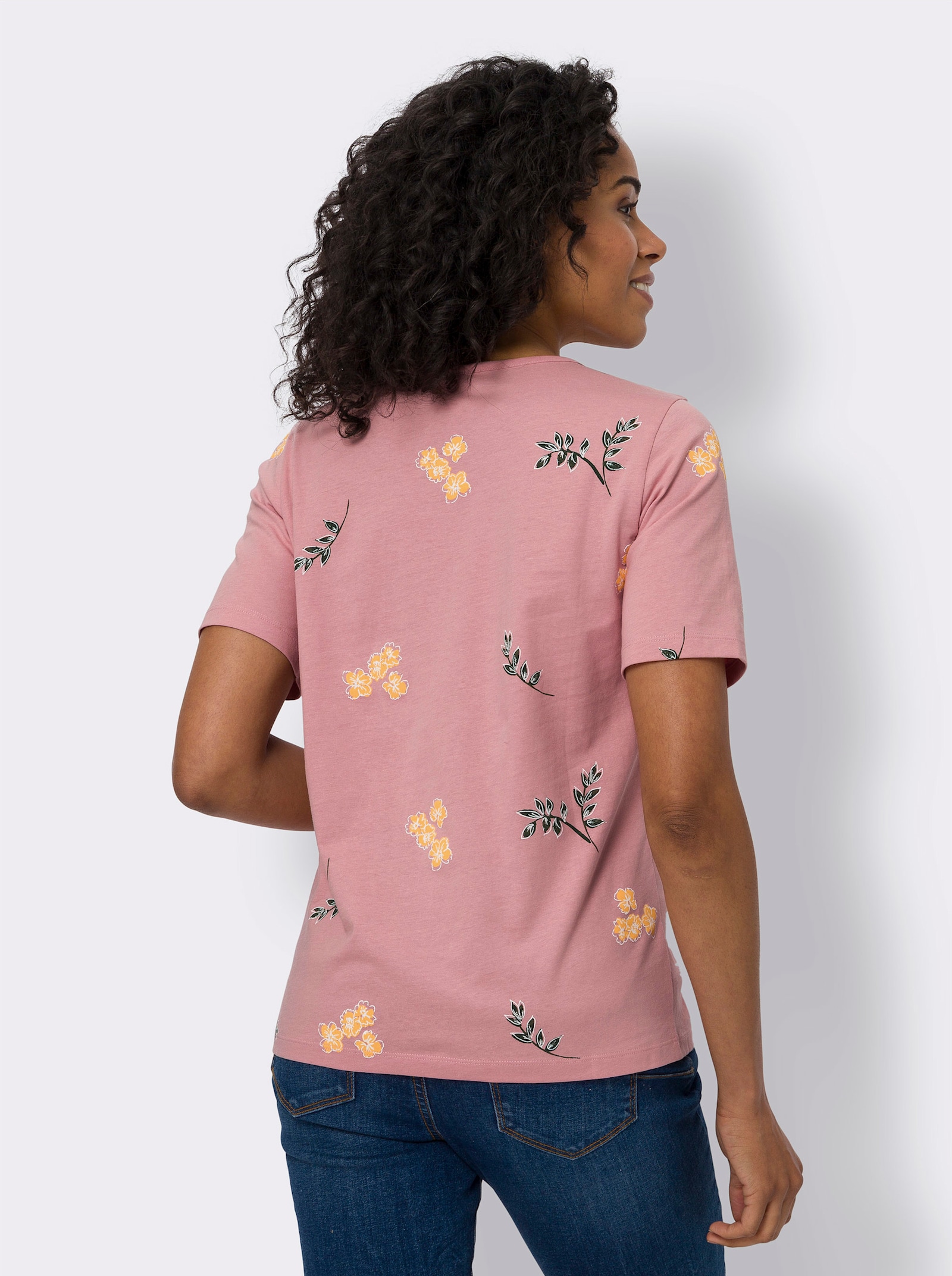 Tričko, krátke rukávy, potlač kvety-listy - Ruženínovo-biela potlač