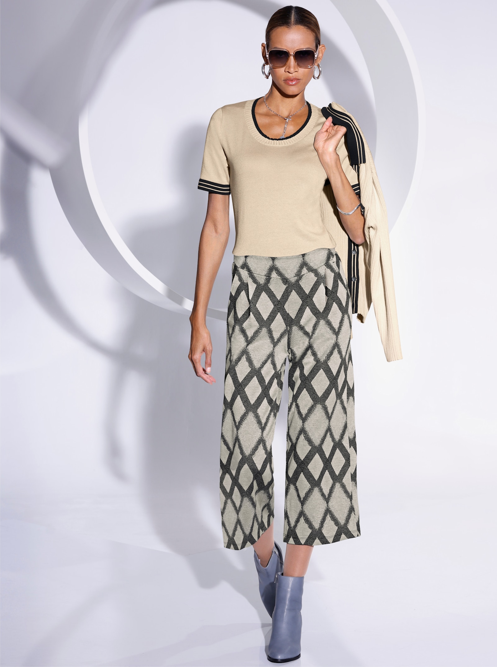 Comfortbroek met jacquardruiten - zand/antraciet gedessineerd