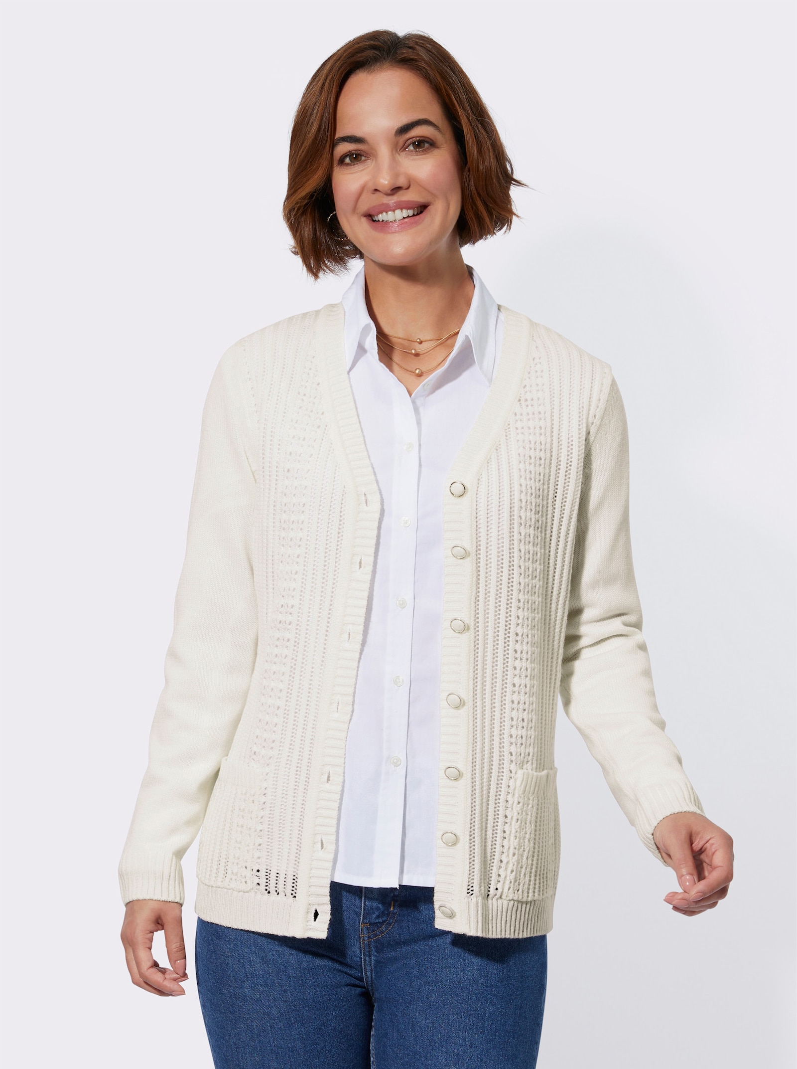 Ajourstrickjacke mit Strickmuster im Vorderteil - ecru