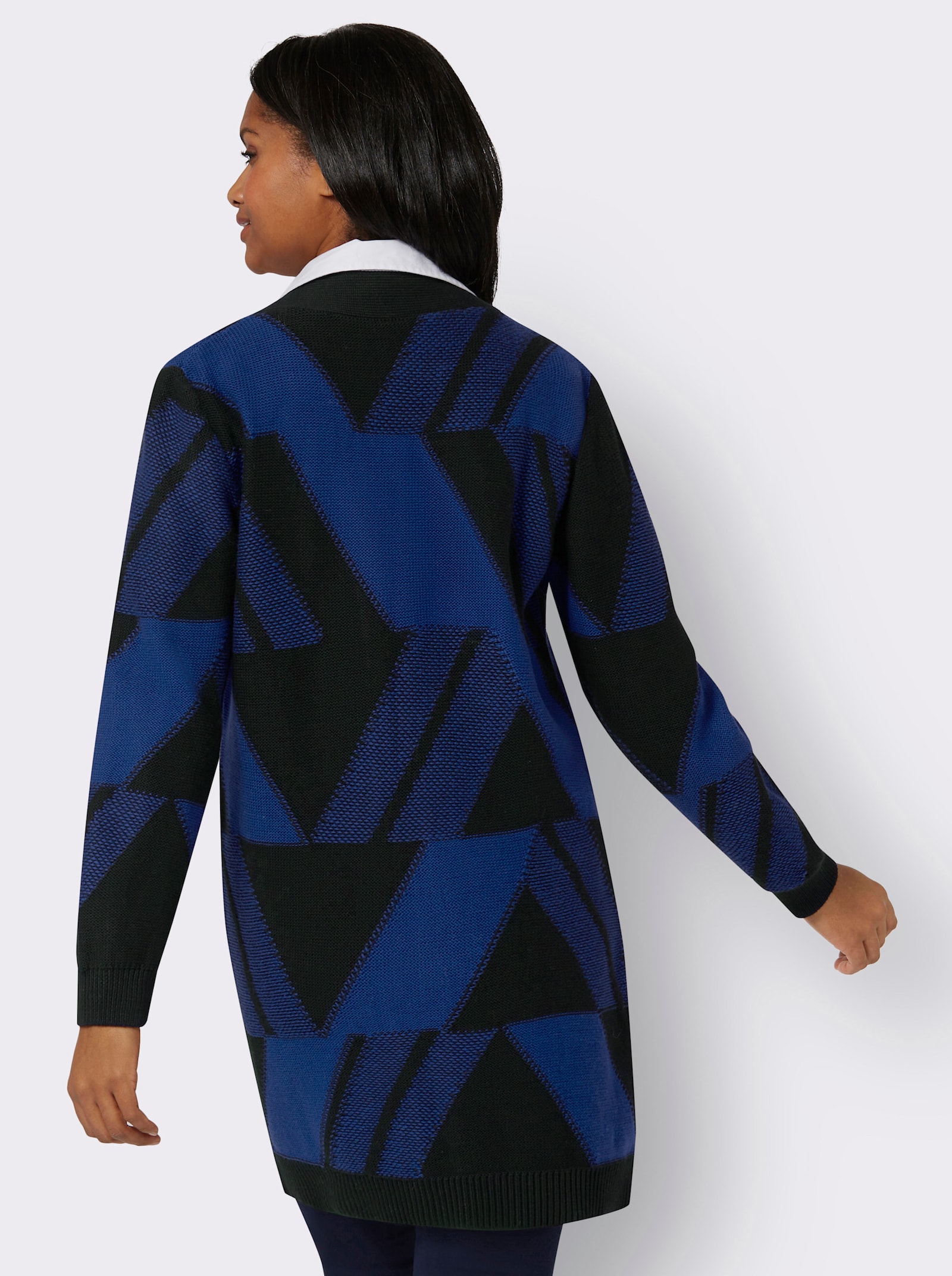 Strickmantel mit Jacquard-Muster, grafisch - royalblau-schwarz-gemustert