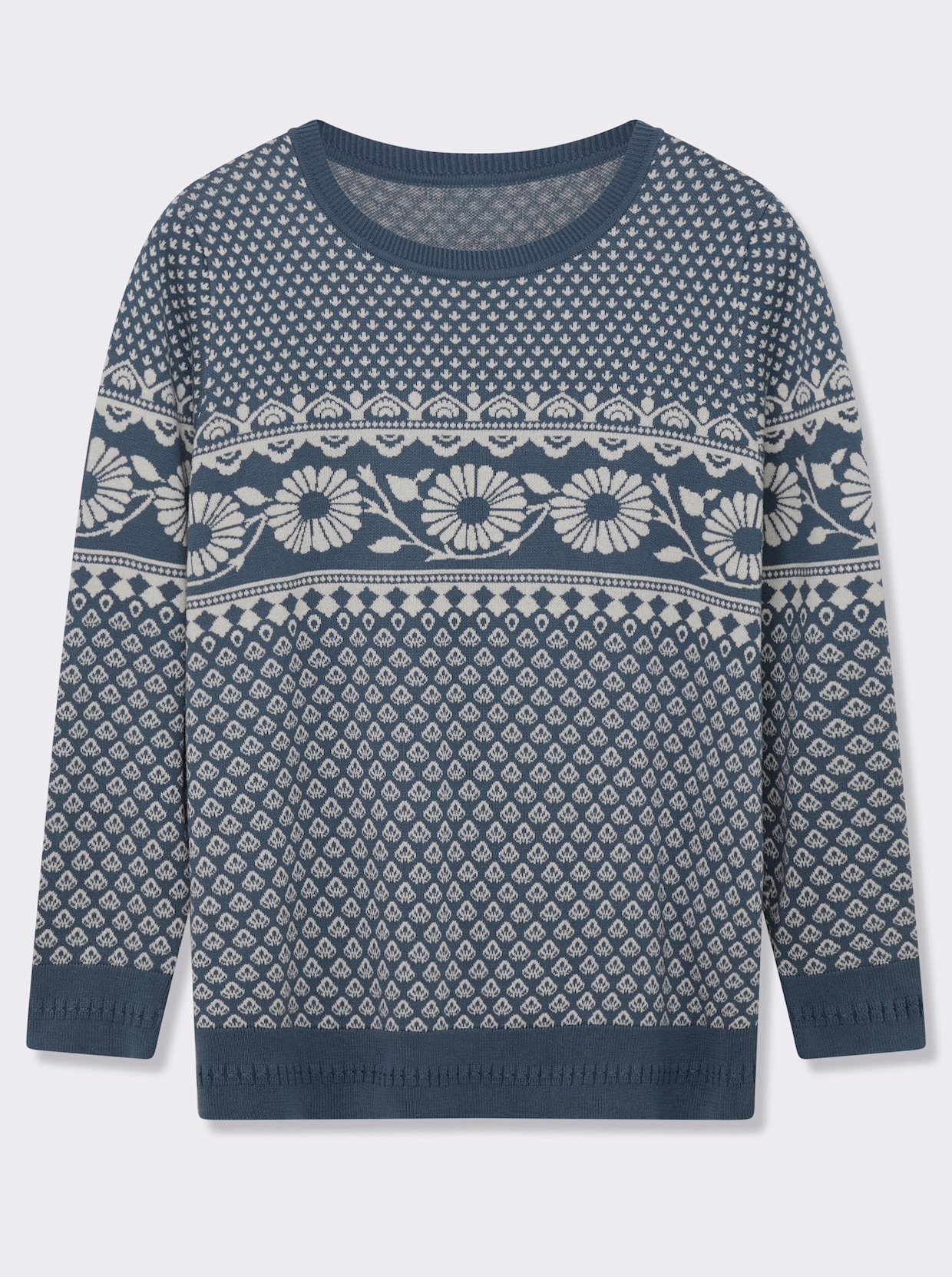 Jacquard-Pullover im Norwegerstil - rauchblau-champagner-gemustert