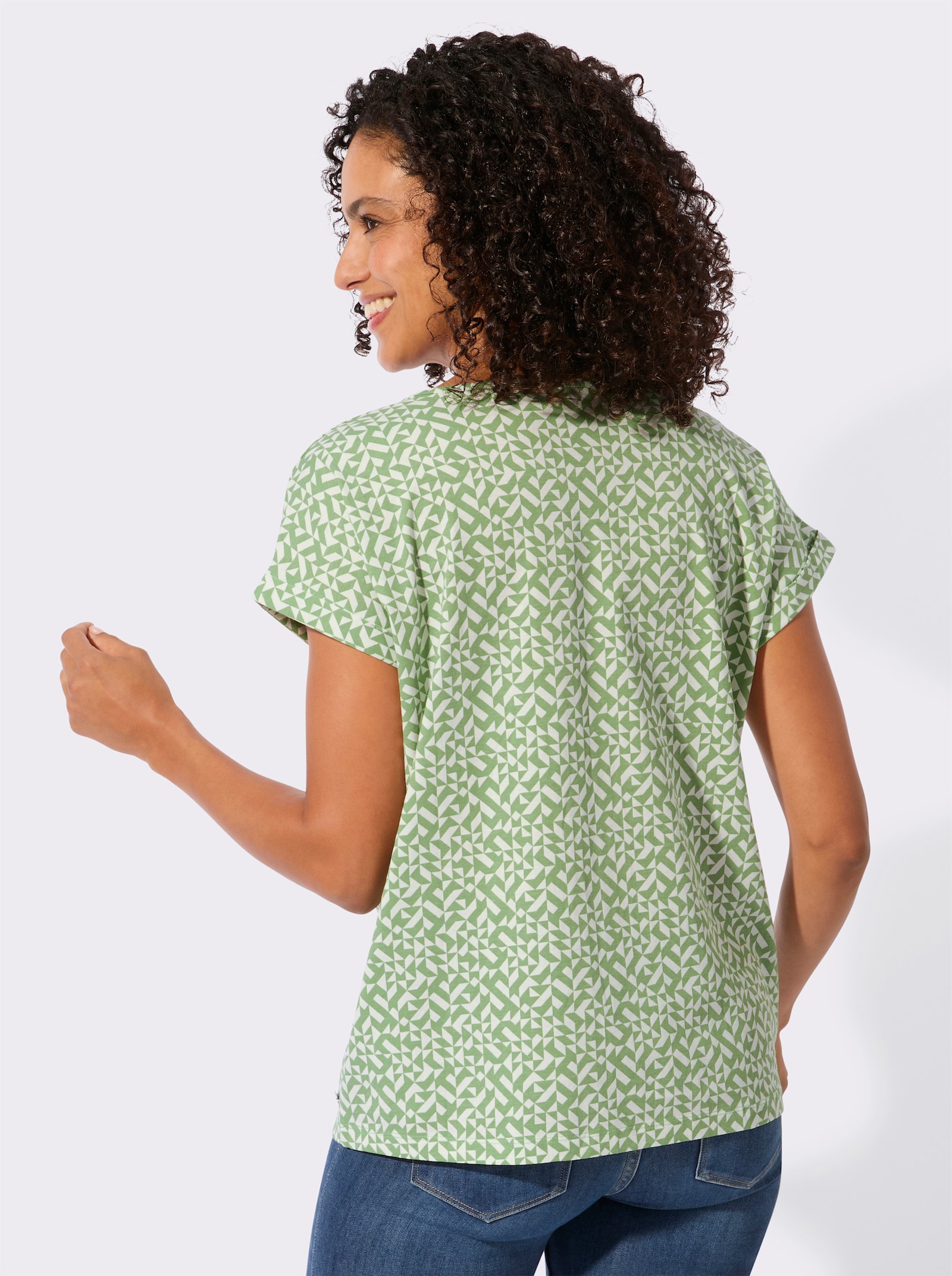Print-Shirt mit paspeliertem Ausschnitt - eucalyptus-ecru