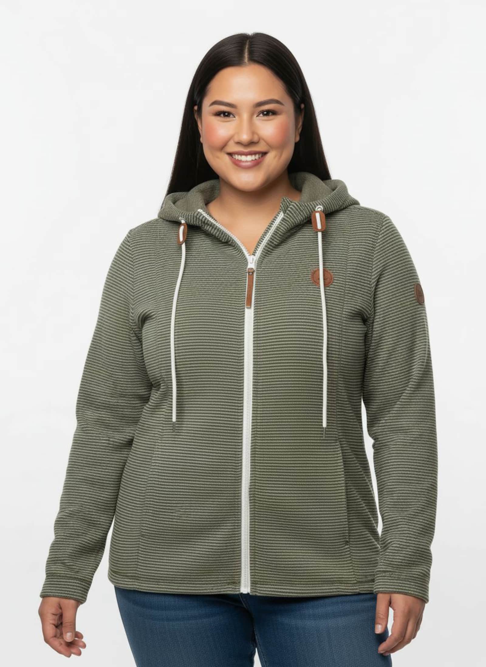 Fleecejacke mit Nahttaschen - oliv-ecru-geringelt