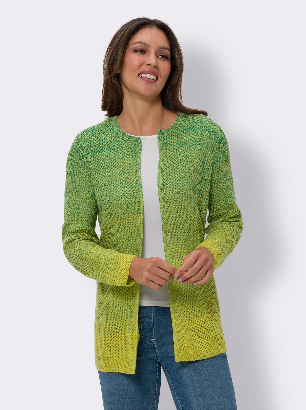 Dlhý pletený sveter - Zeleno-citrónová vzorovaná