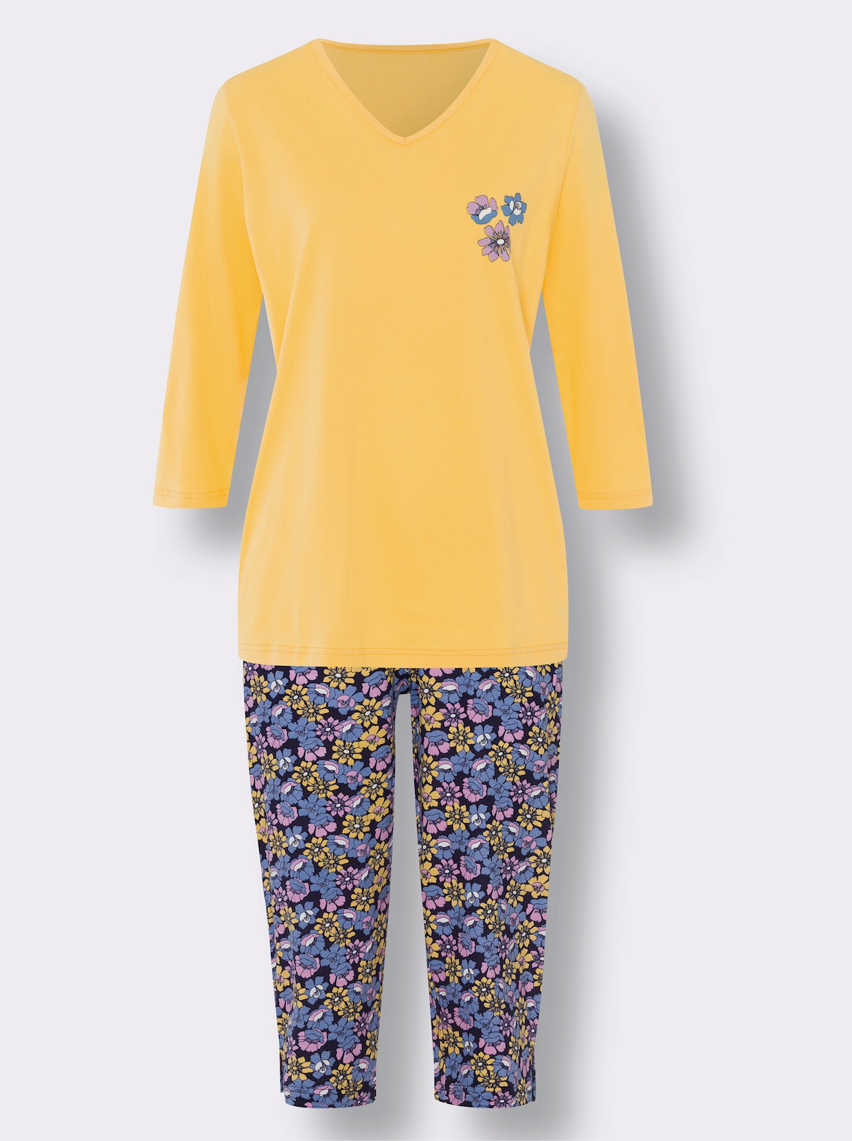 Pyžamo s capri nohavicami - žltá a námornícka modrá potlač