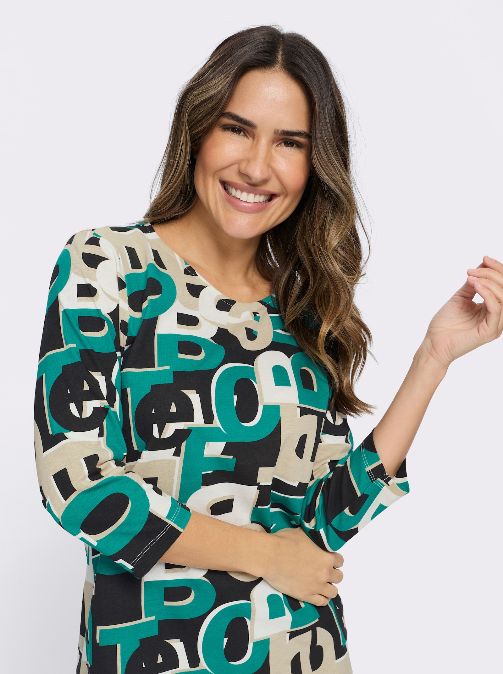 3/4-Arm-Shirt mit Lettering-Druck - smaragd-schwarz-bedruckt