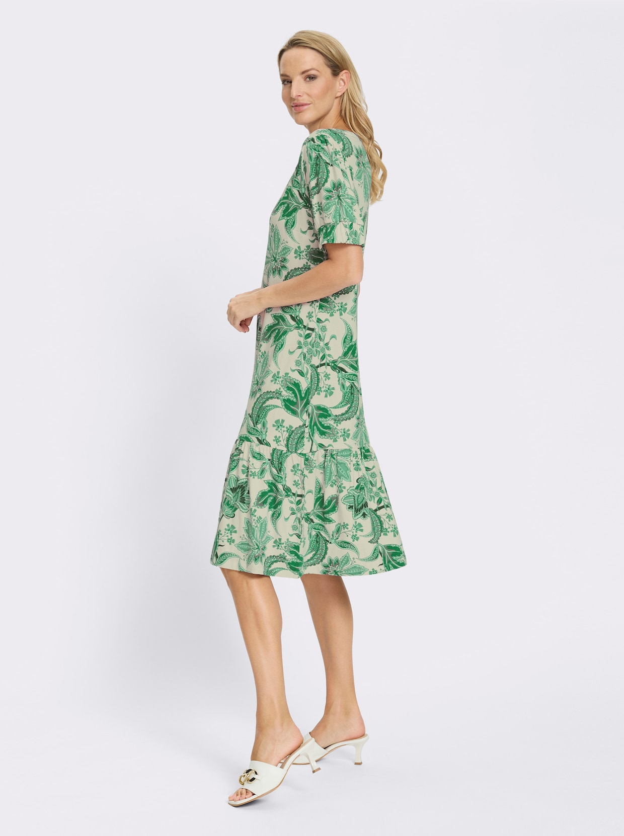 heine Druckkleid mit Puffärmeln - champagner-grasgrün-bedruckt