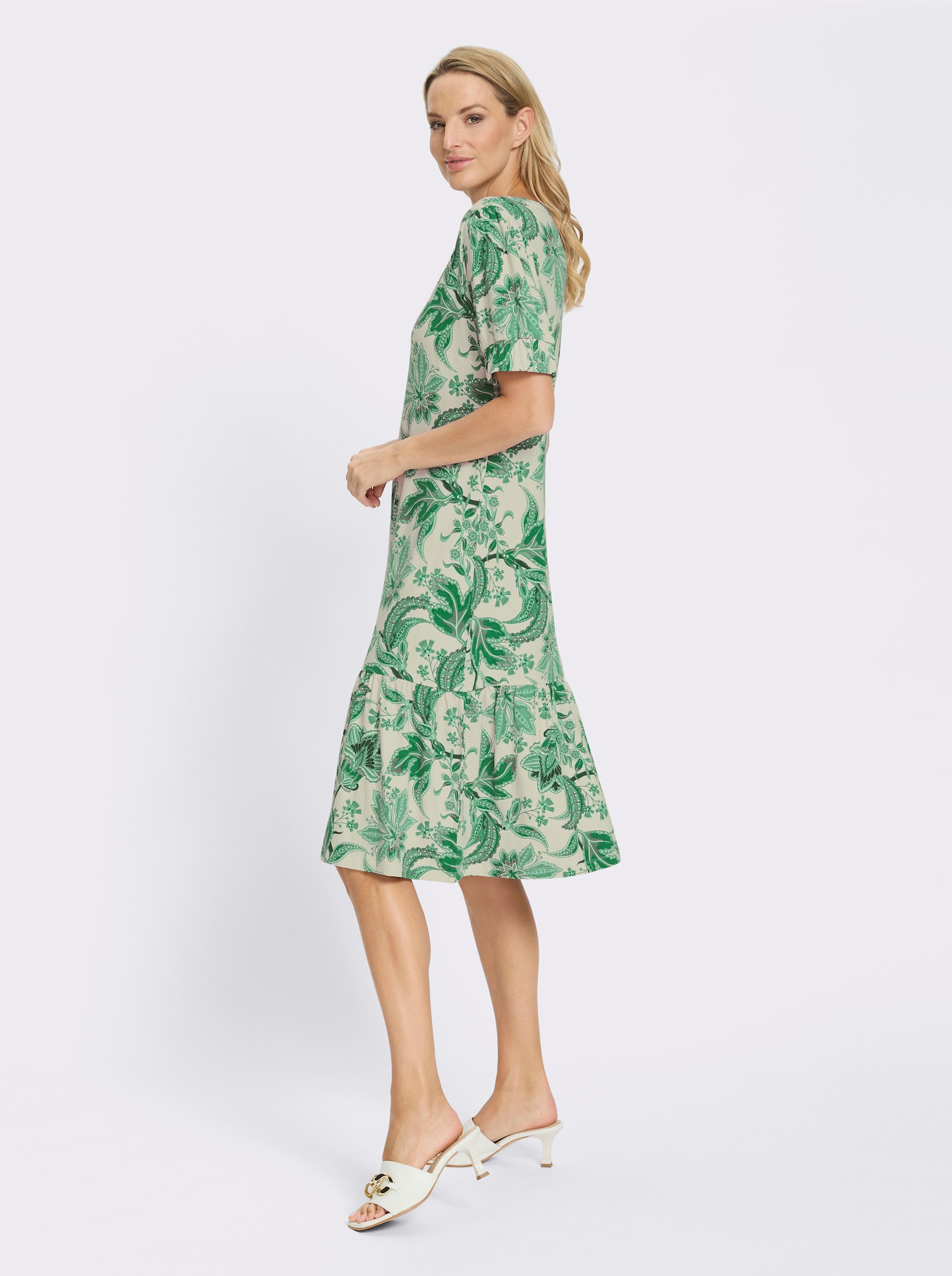 heine Druckkleid mit Puffärmeln - champagner-grasgrün-bedruckt