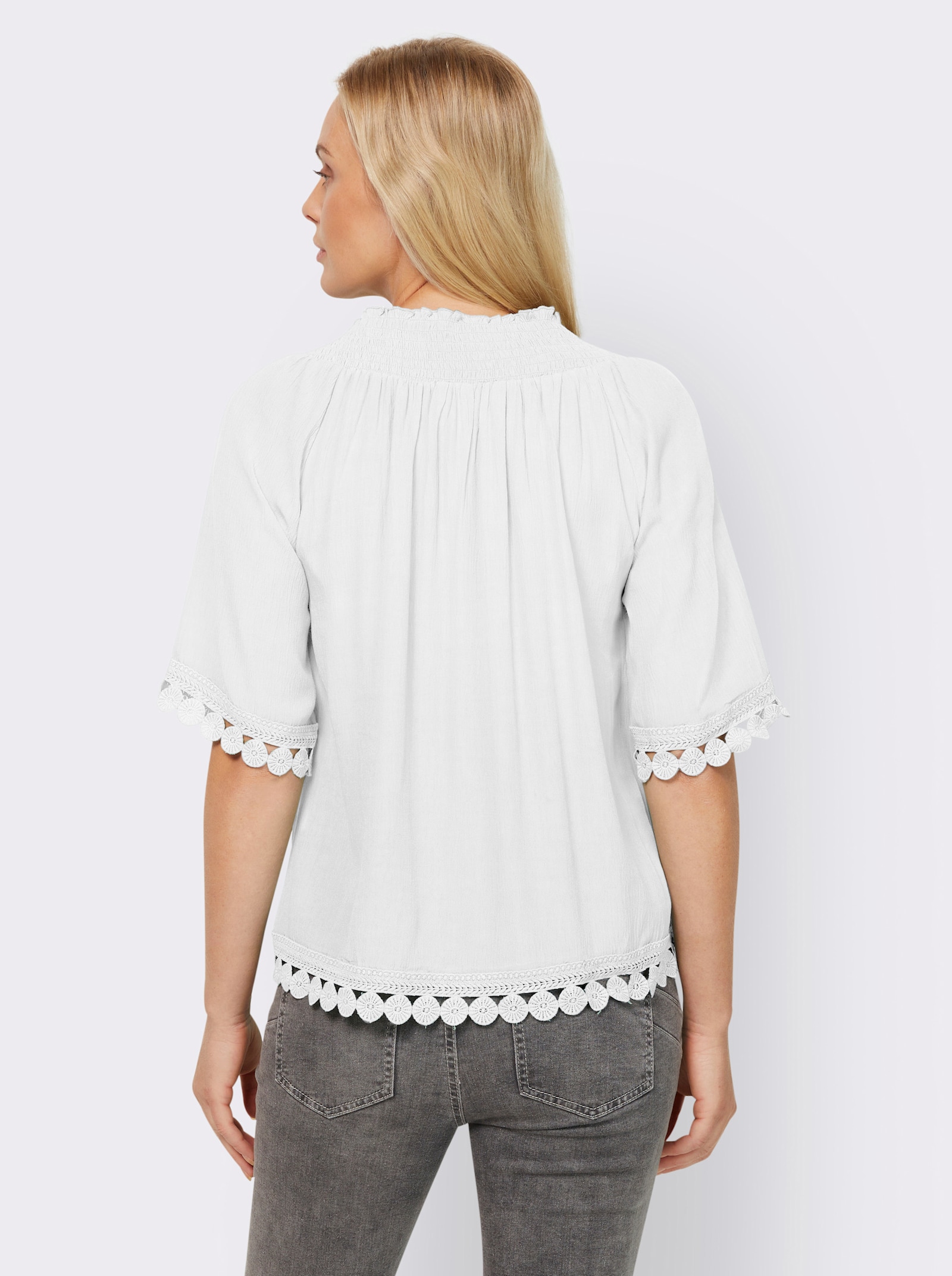 heine Crinklebluse mit Spitzenbesatz - weiß