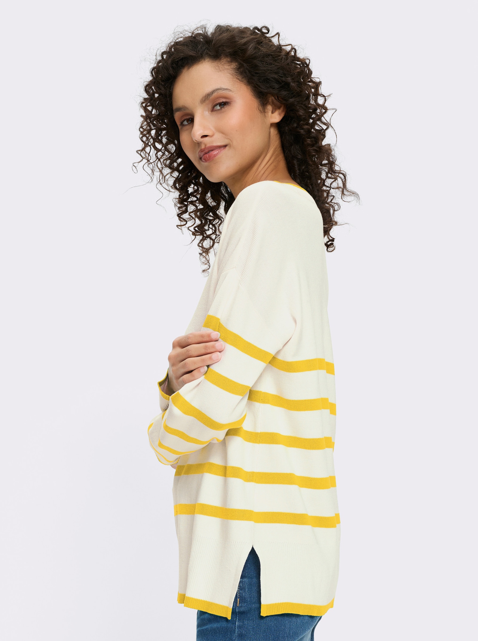 heine Streifenpullover mit V-Ausschnitt - sonnengelb-ecru-geringelt