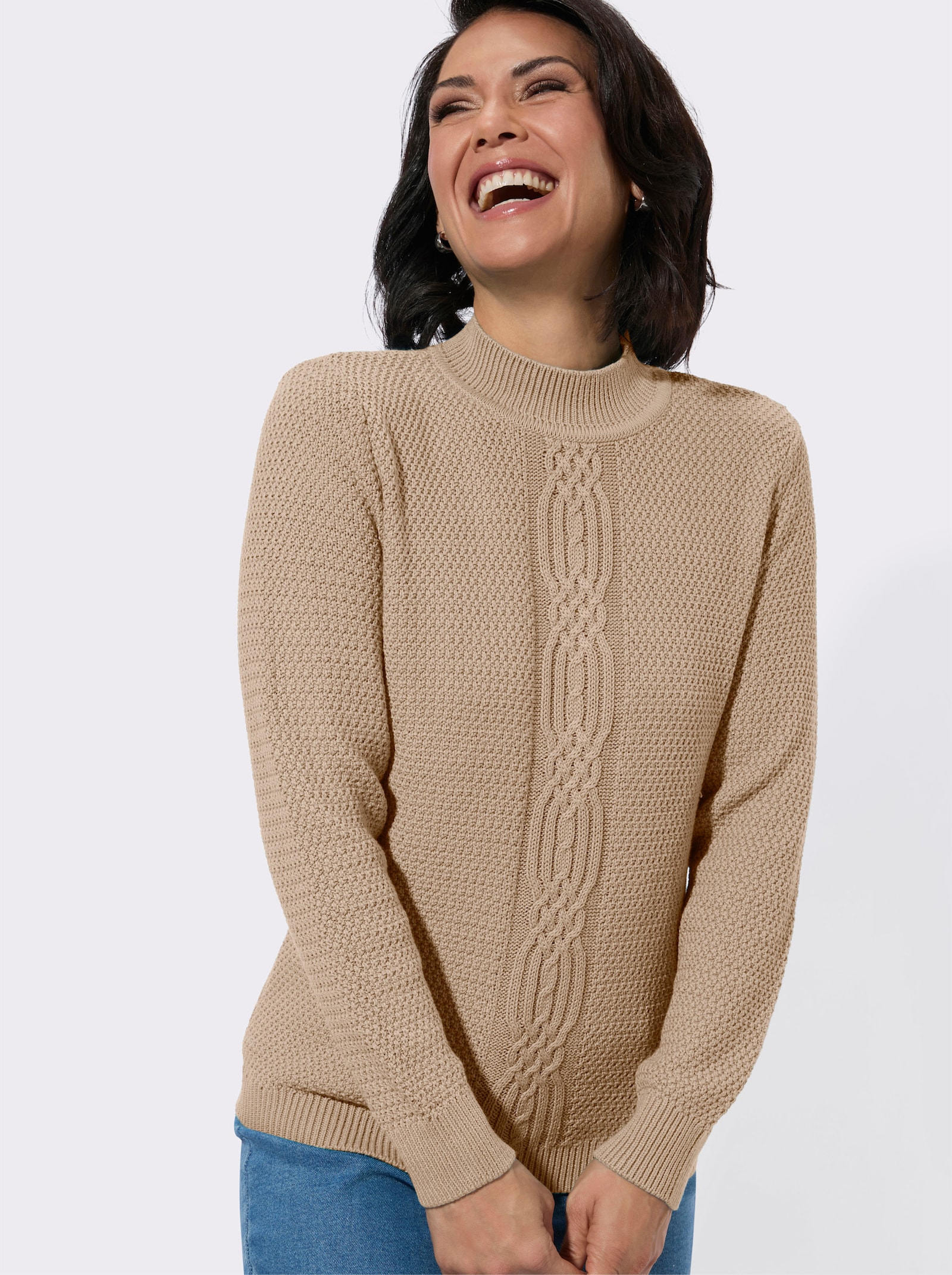 Rollkragenpullover mit Strickmuster vorne - beige