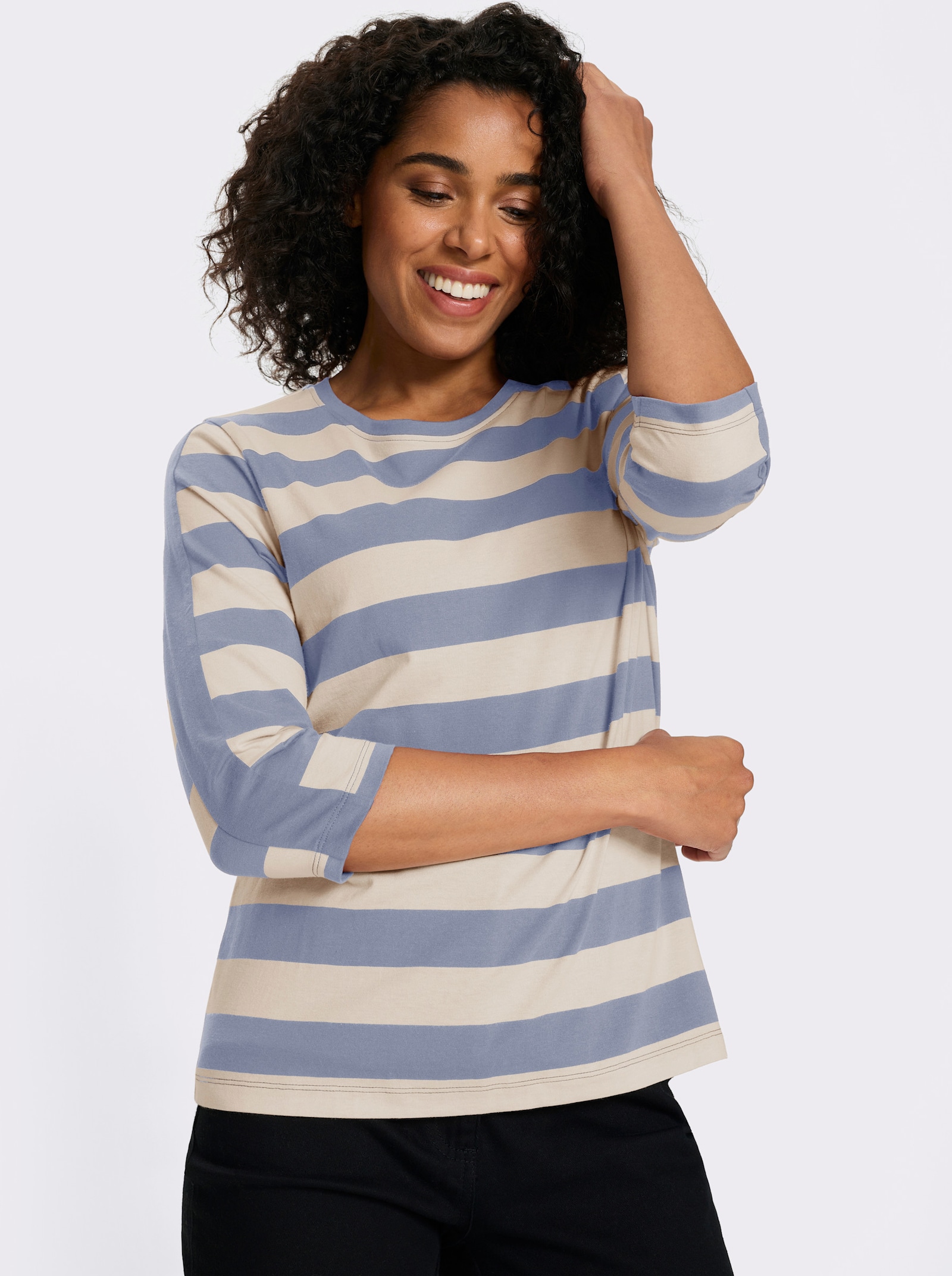 3/4-Arm-Shirt mit garngefärbten Streifen - taubenblau-elfenbein-gestreift