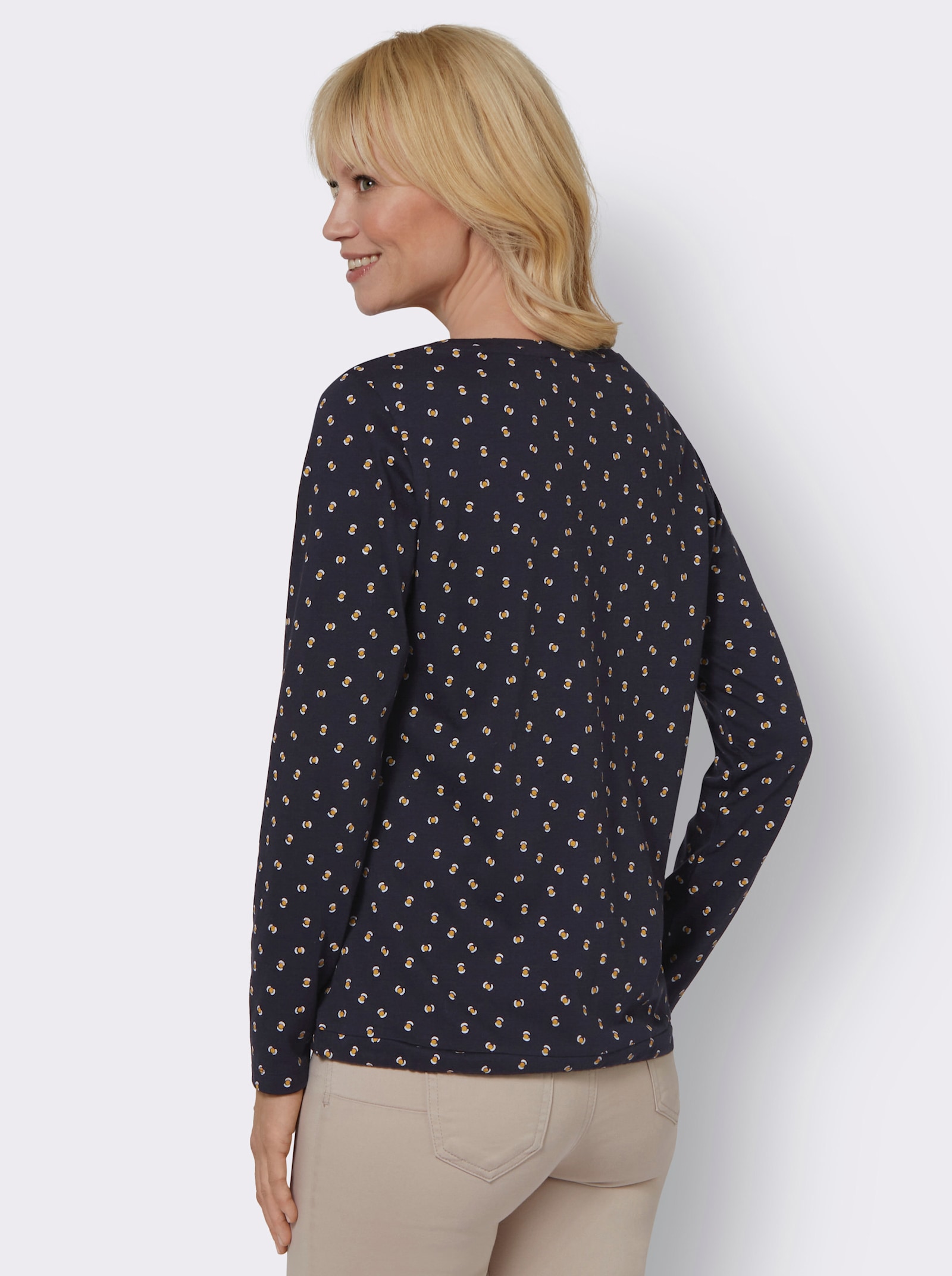 Langarmshirt mit Bindeband - marine-ocker-bedruckt