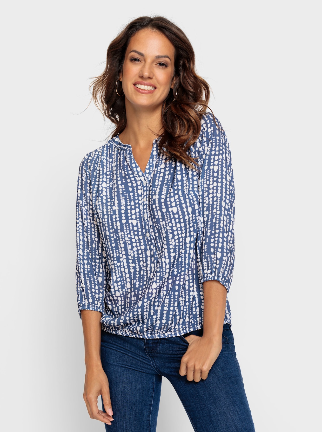 Bluse - weiß-jeansblau-bedruckt