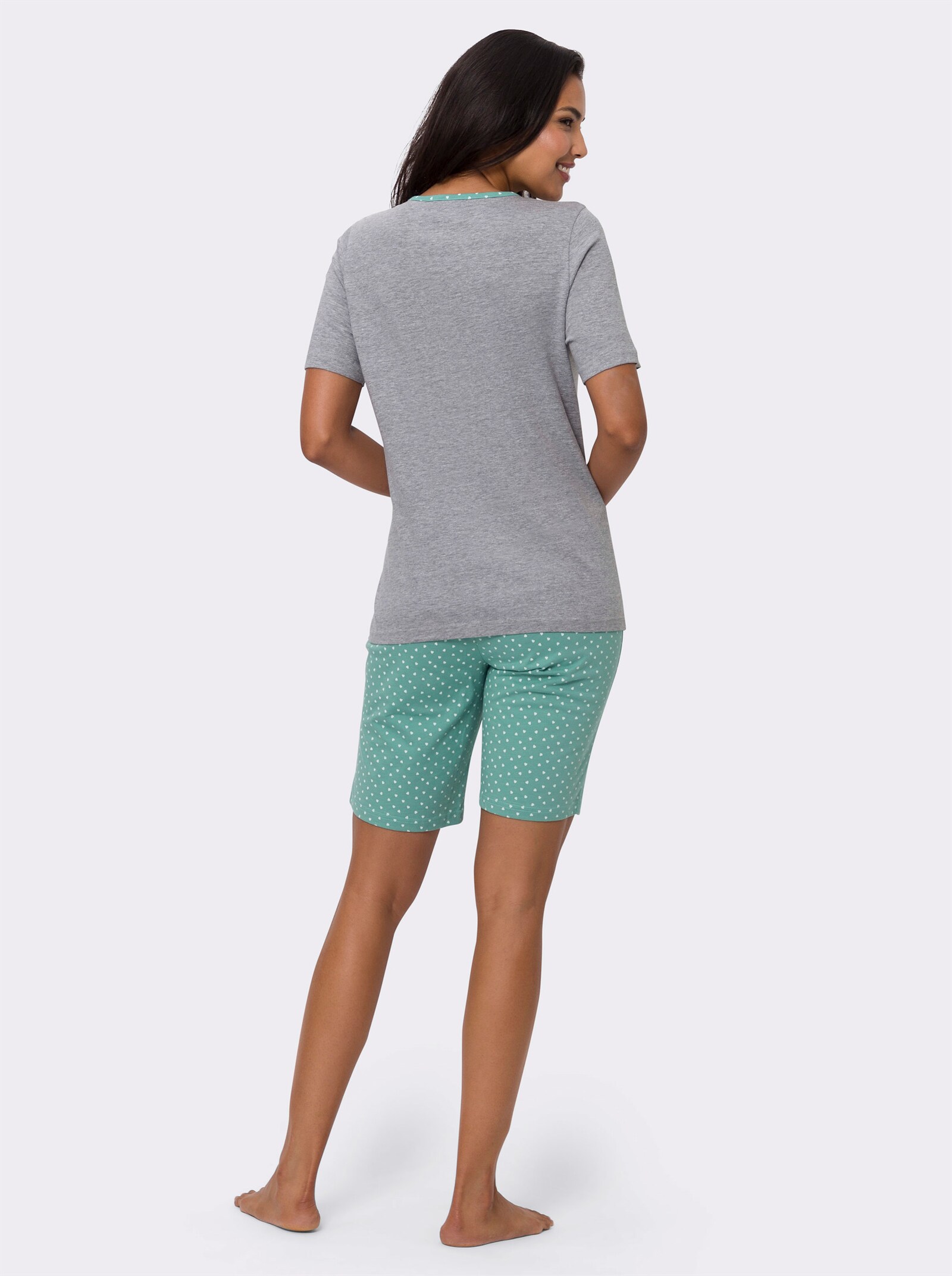 Kortärmad pyjamas med hel resårlinning - ljusgrå-melerad-salvia