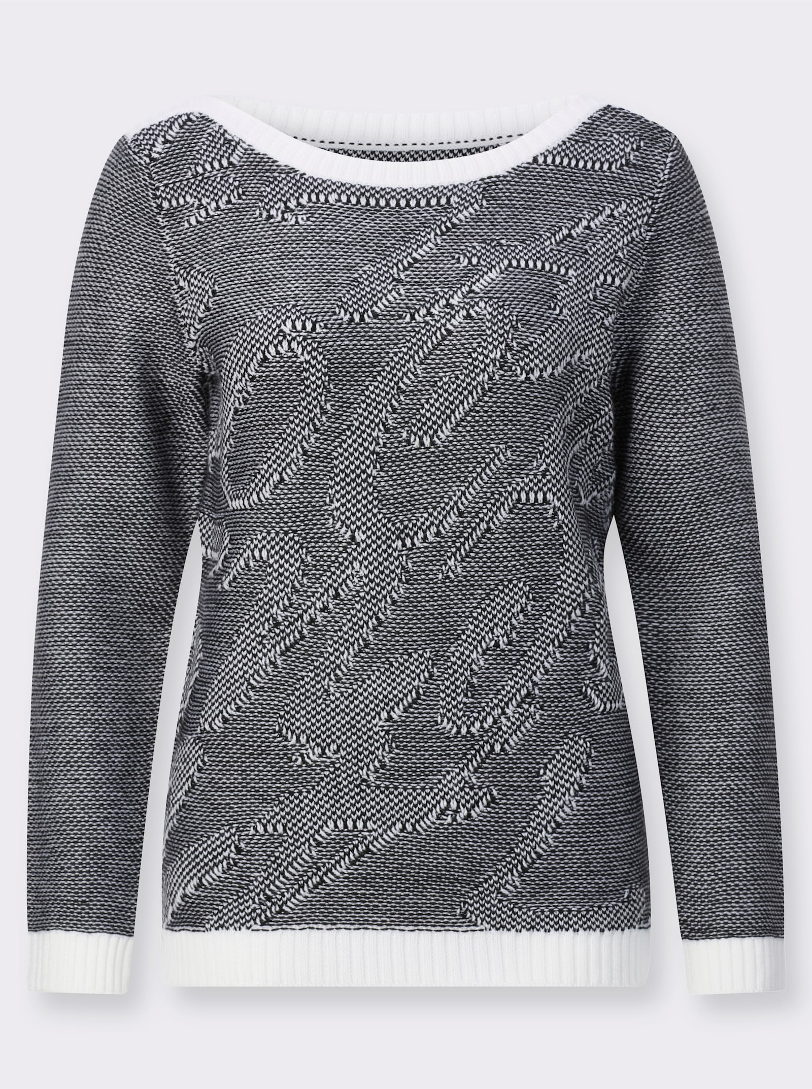 Pullover van jacquard met boothals - zwart/wit gedessineerd