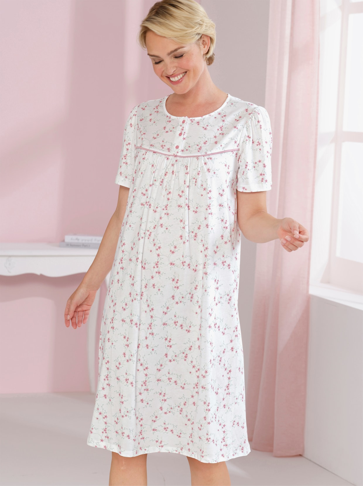 wäschepur Nachthemd - weiß-rosé-bedruckt