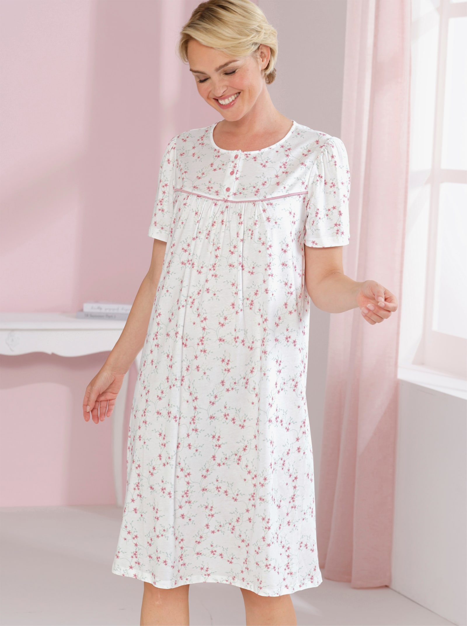 wäschepur Nachthemd - weiß-rosé-bedruckt