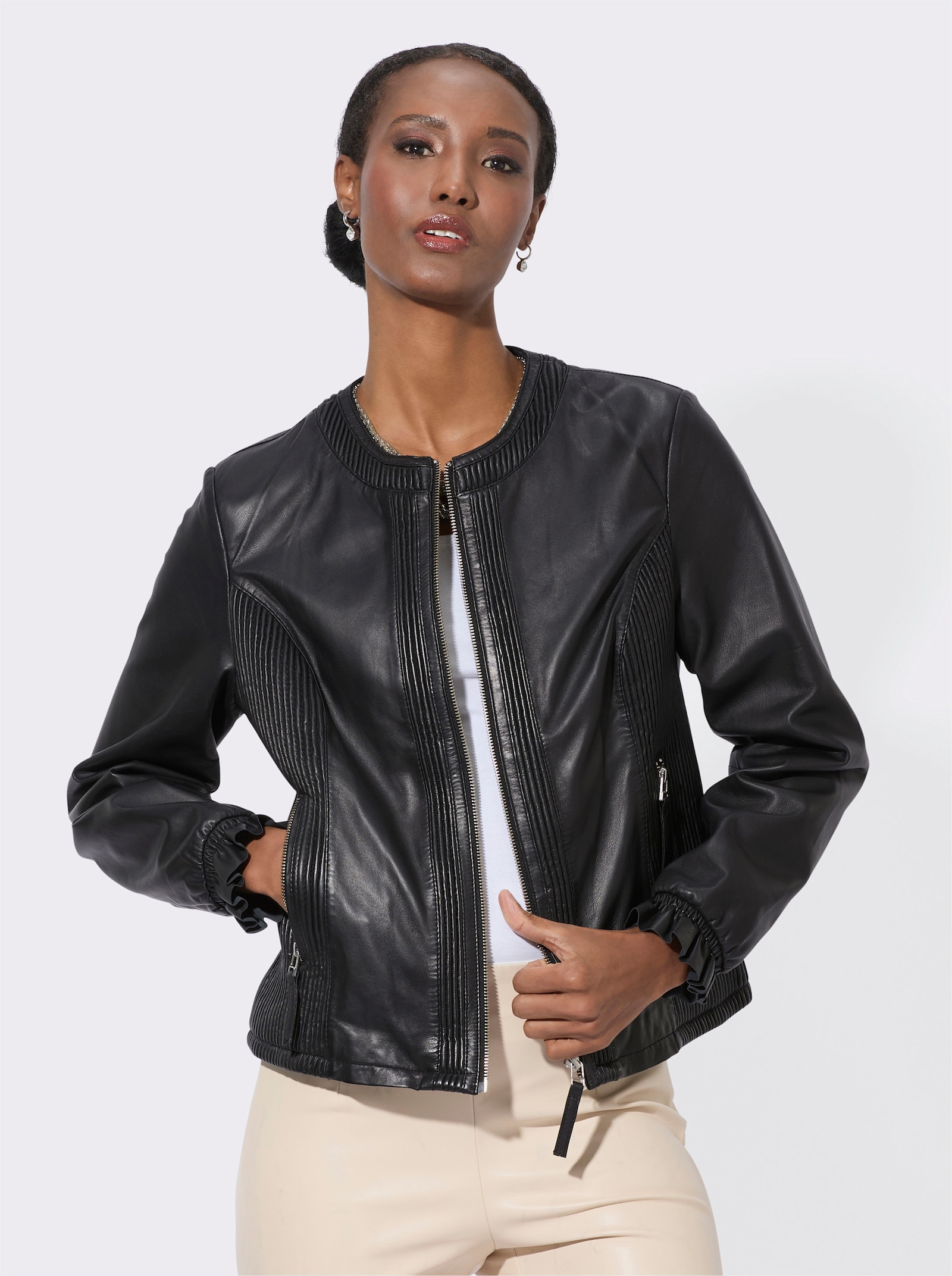 Mainpol Leren blazer met smokinzetten - zwart