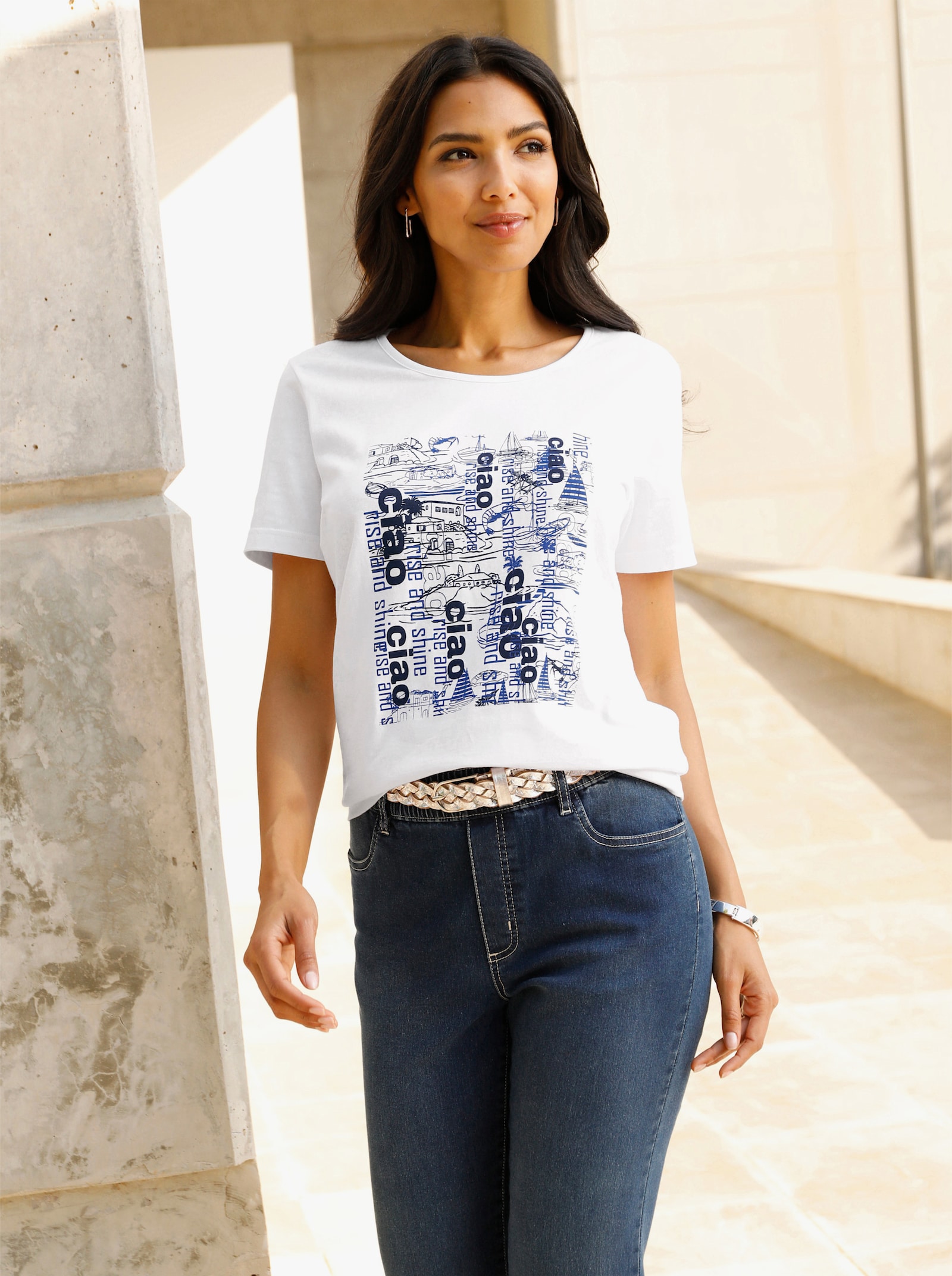 Shirt met korte mouwen van katoen, bedrukt - wit/marine