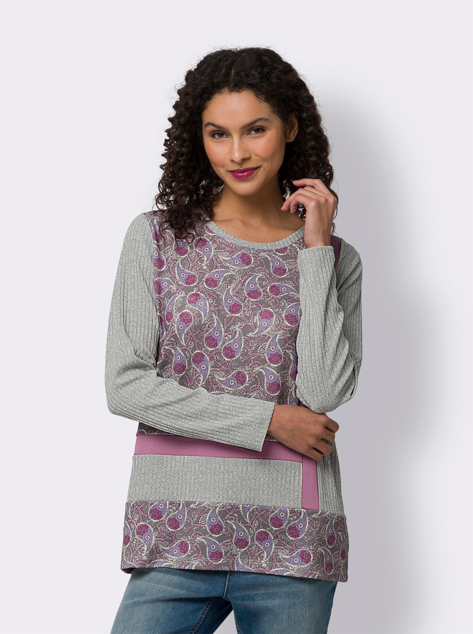 heine Langarmshirt in Patch-Optik vorne - hellgrau-violett-bedruckt