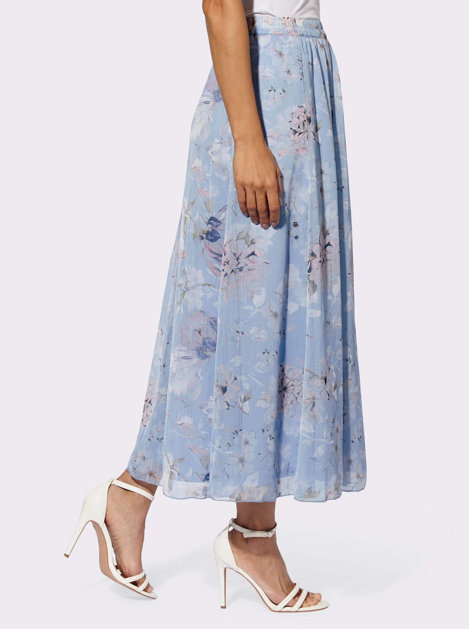 Vävd kjol med elastisk linning - blekblå-ecru-med tryck