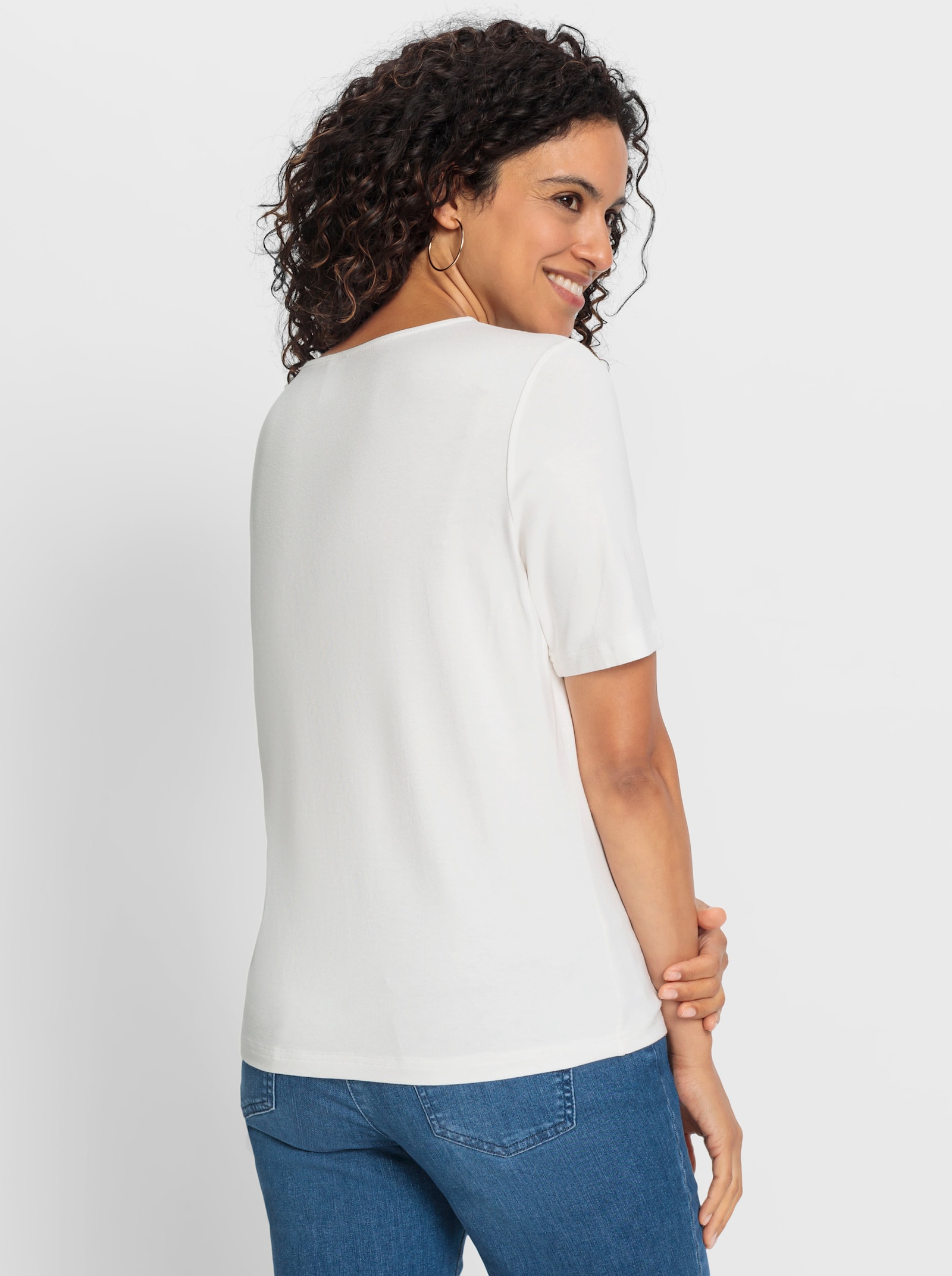 Tričko s okrúhlym výstrihom a potlačou - Svetlobéžová a džínsová modrá potlač