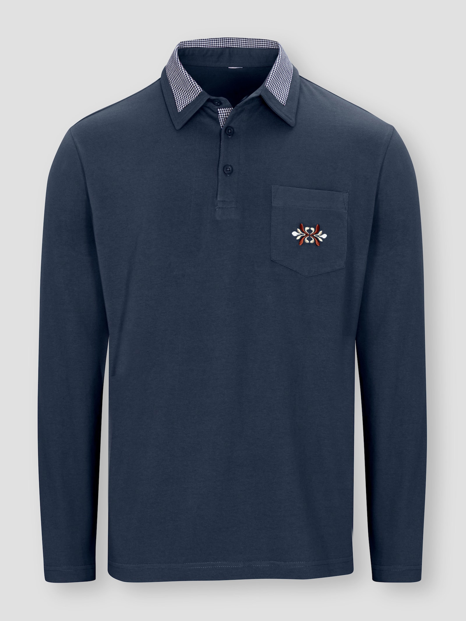 Langarm-Poloshirt mit Webkaro-Details - dunkelblau