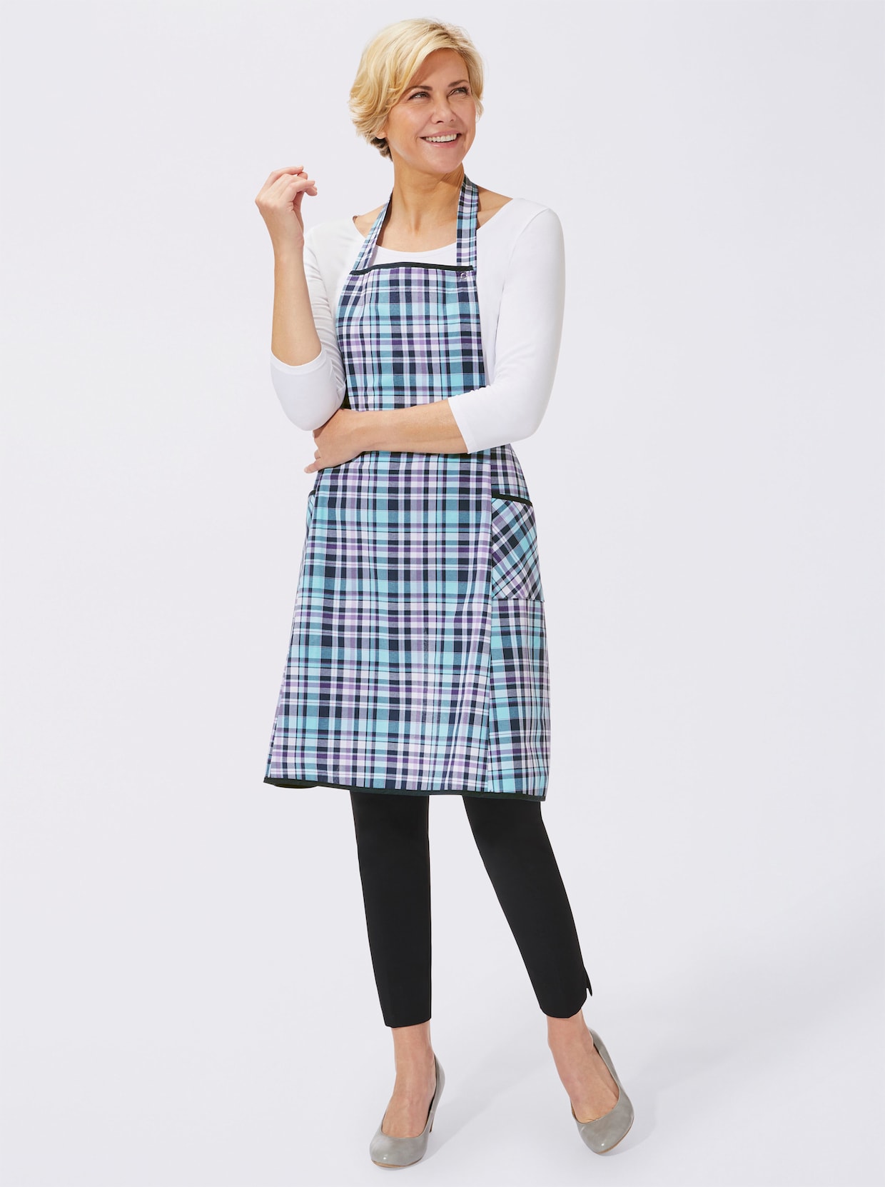 Schort met bindstrikken - marine geruit