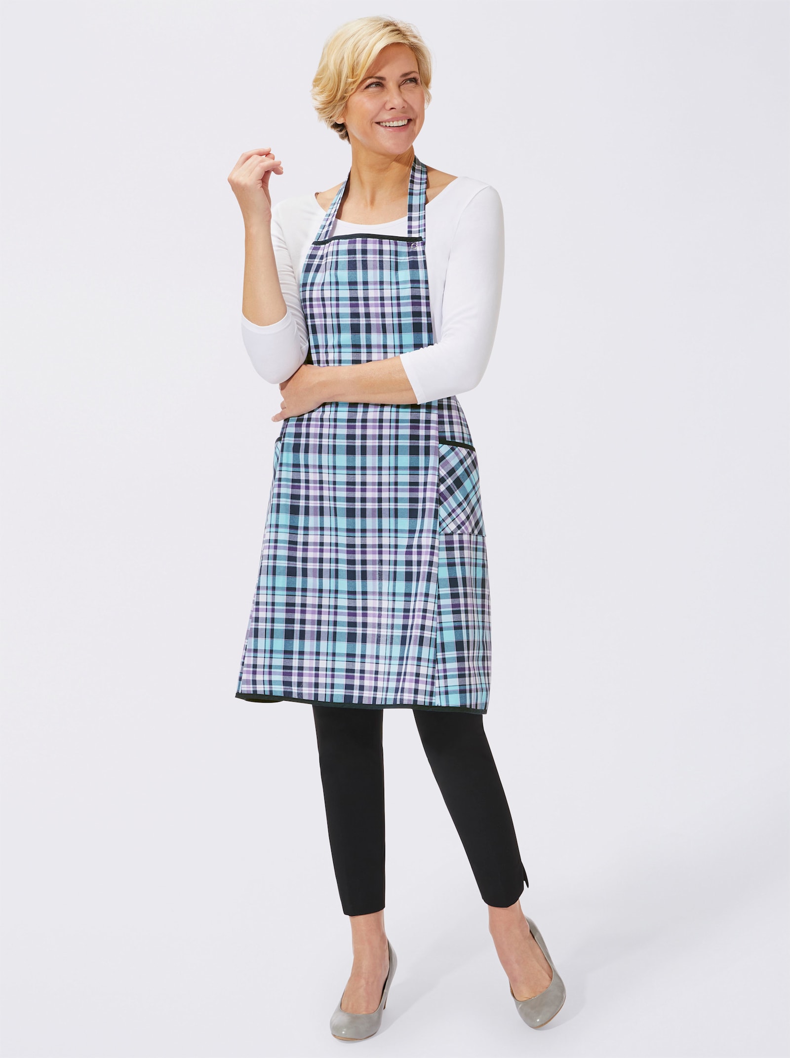 Latzschürze mit Bindebändern - marine-kariert