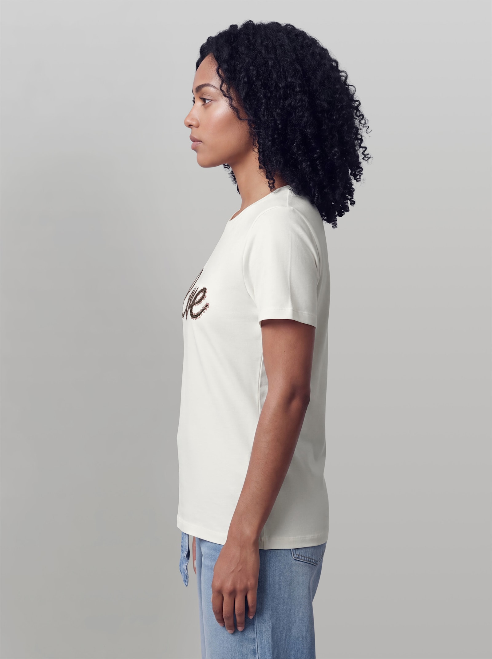 heine Kurzarmshirt mit Pailletten-Schriftzug - ecru