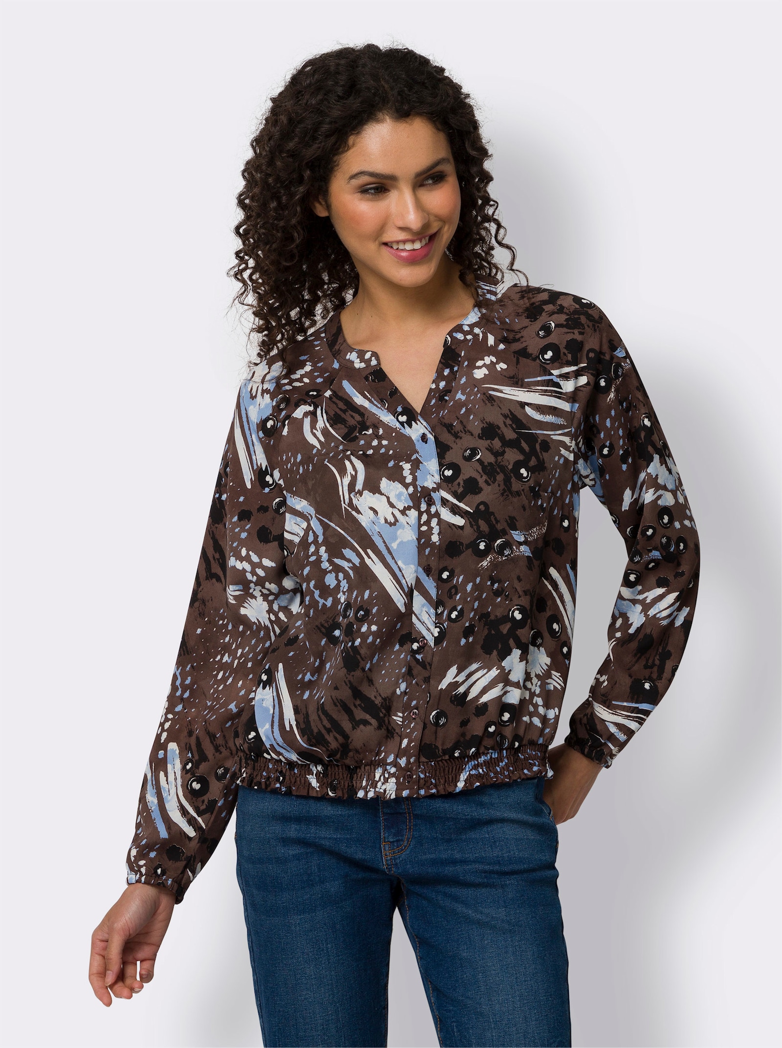 heine Druckbluse mit gesmoktem Saum - schoko-himmelblau-bedruckt