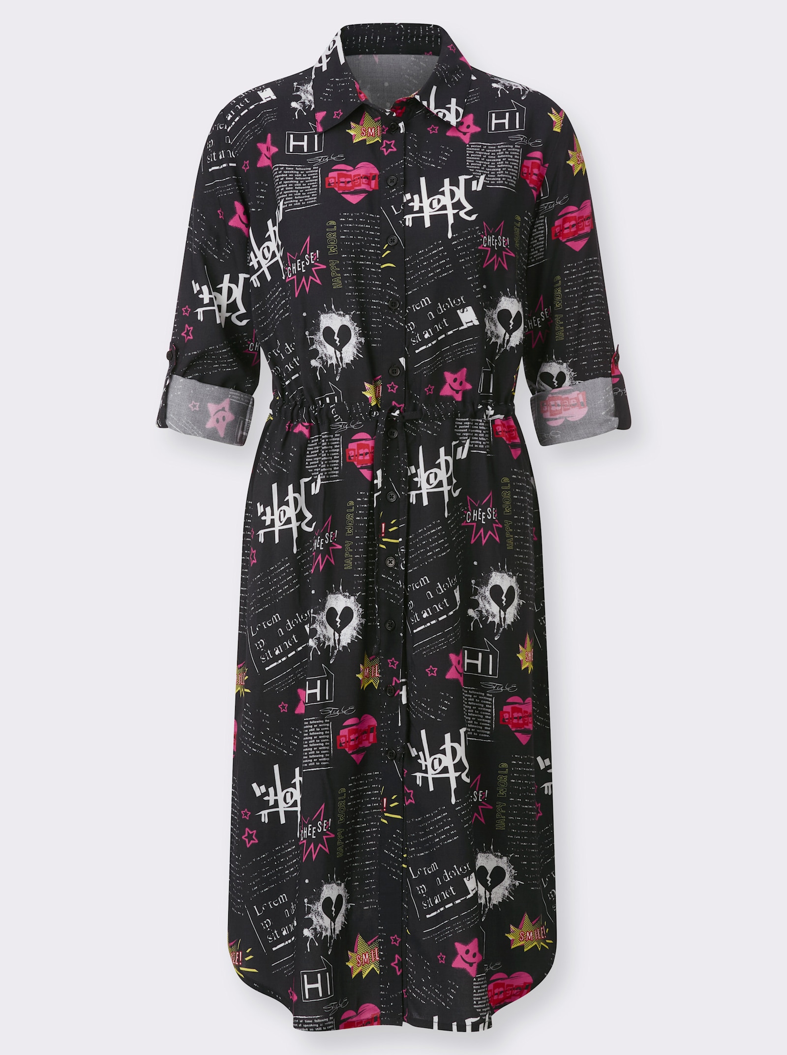 Hemdblusenkleid mit Druck im Graffiti-Style - schwarz-weiß-bedruckt