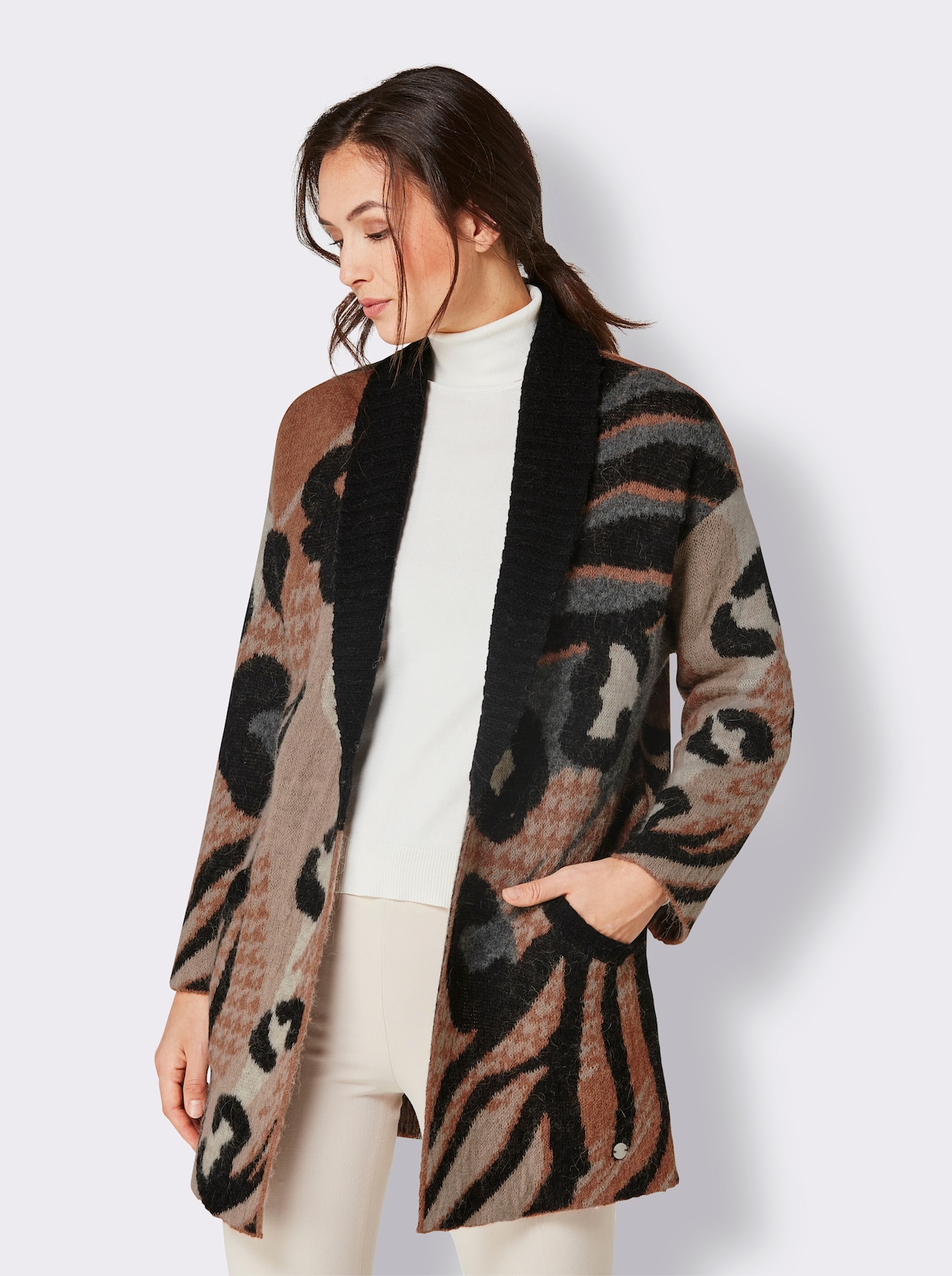 CREATION L PREMIUM Jacquardstrickjacke - schwarz-camel-gemustert