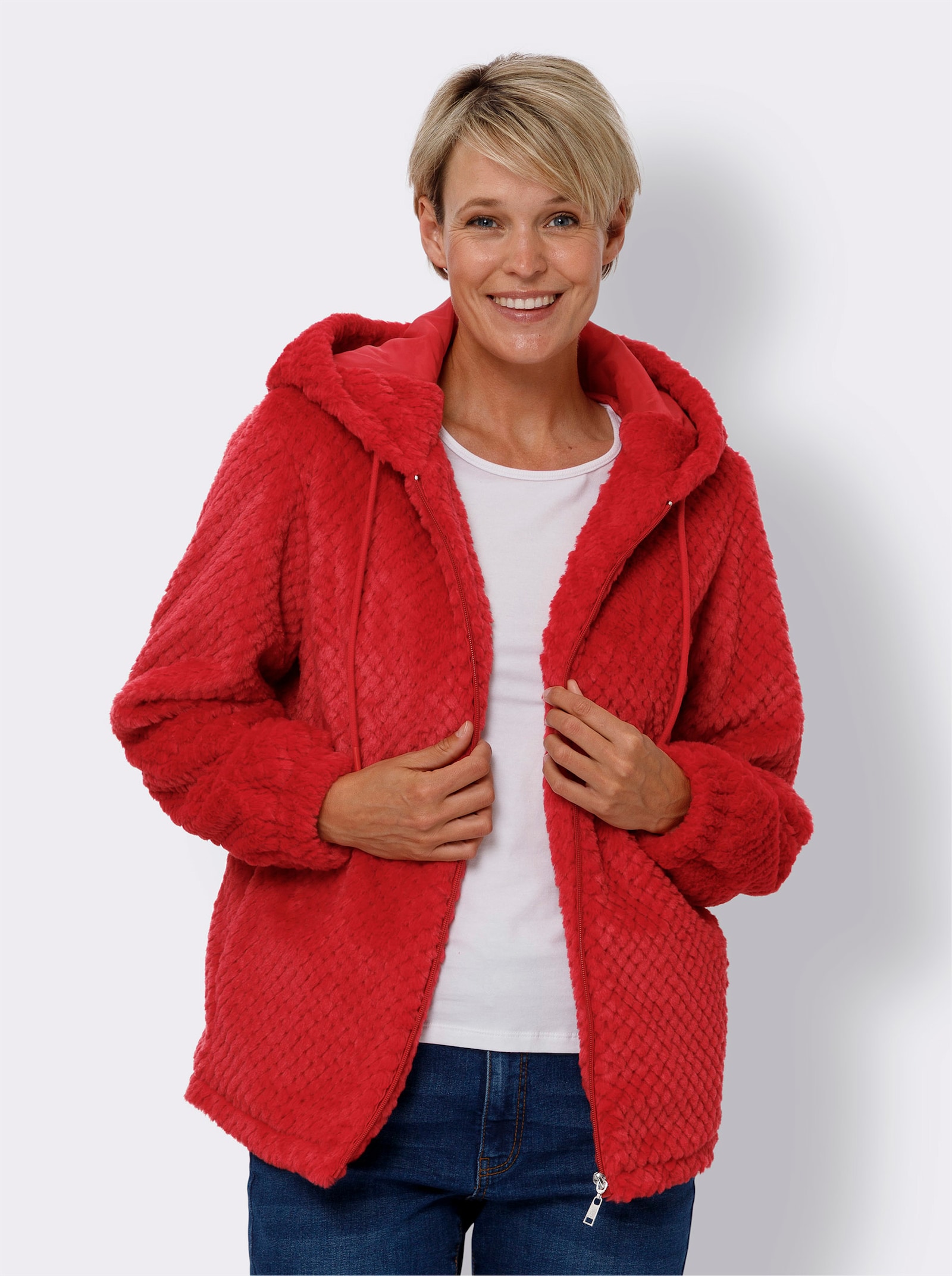 Jacke aus Plüsch mit Rauten-Muster - rot