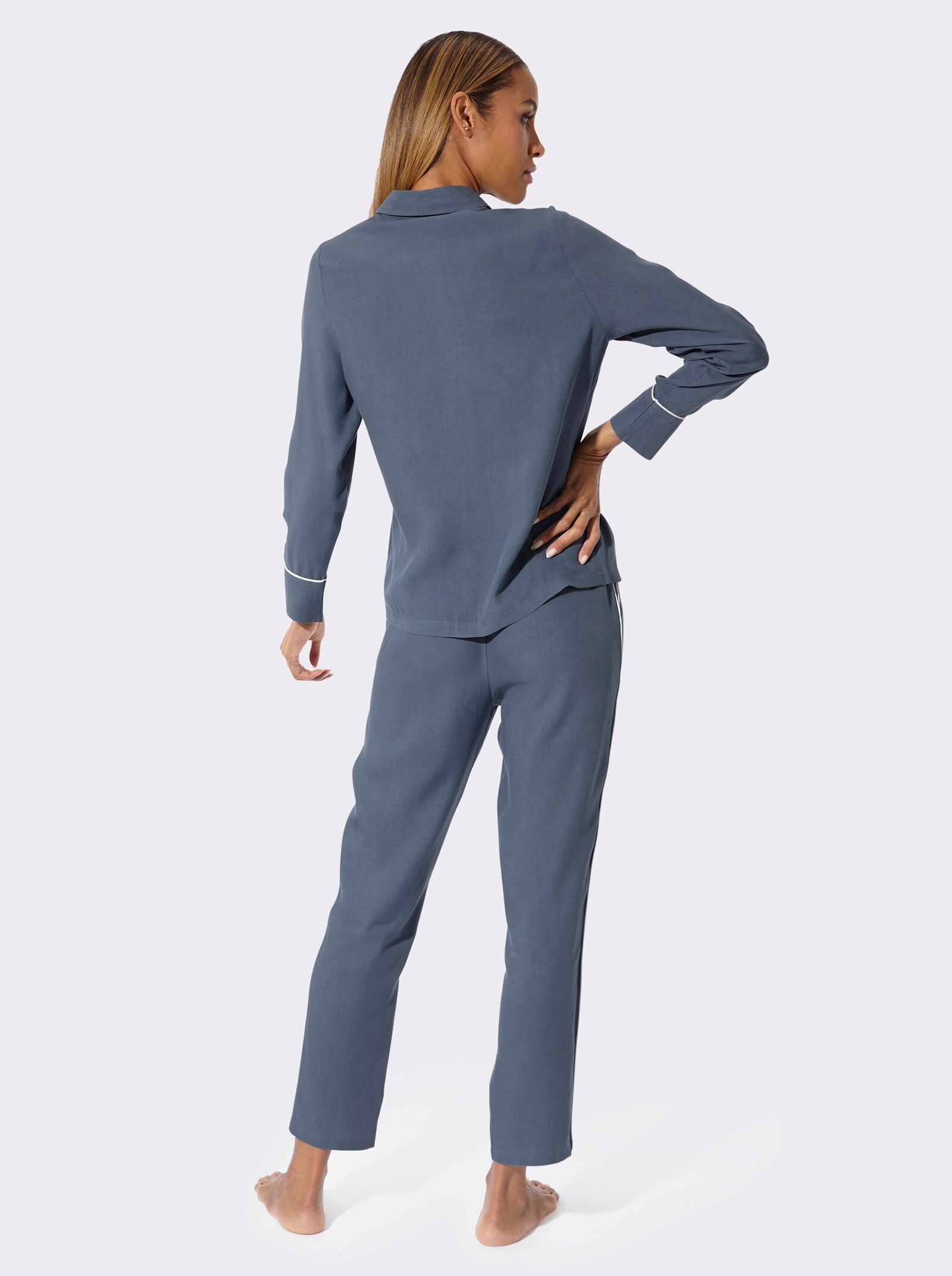 wäschepur Pyjama mit Brusttasche - rauchblau-ecru