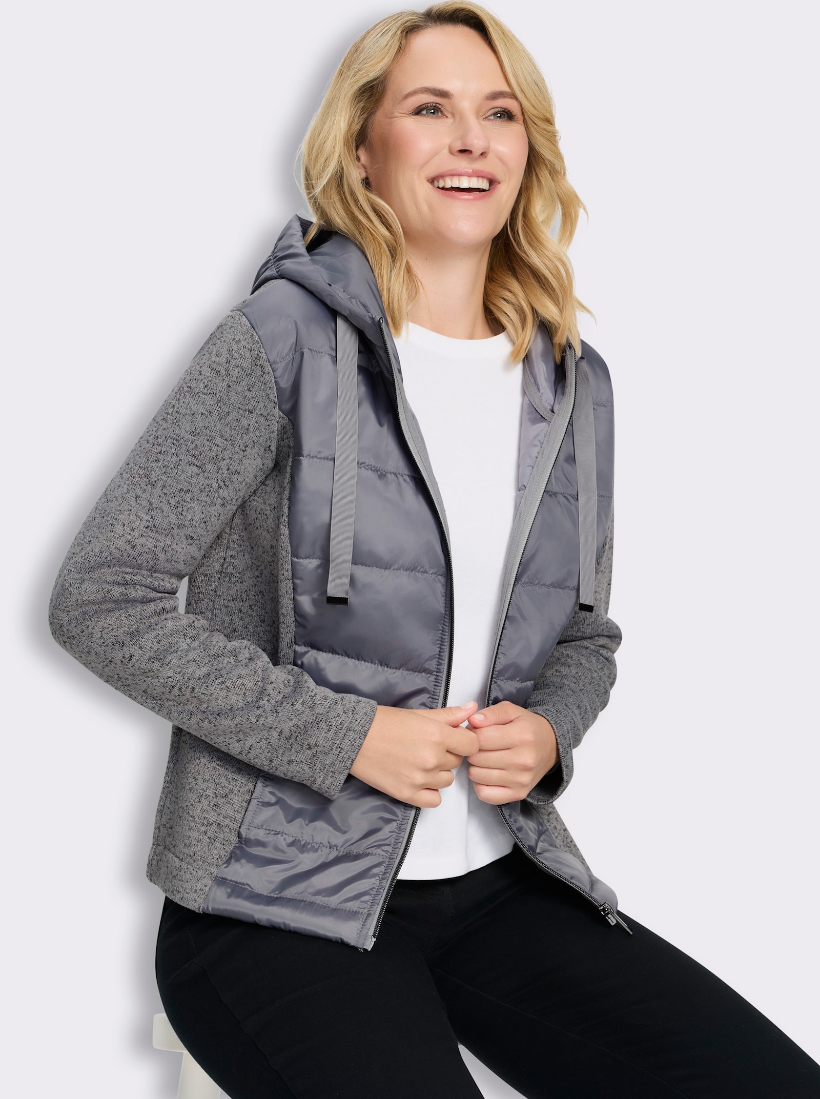 Strickfleecejacke mit gestepptem Web-Einsatz - steingrau-meliert