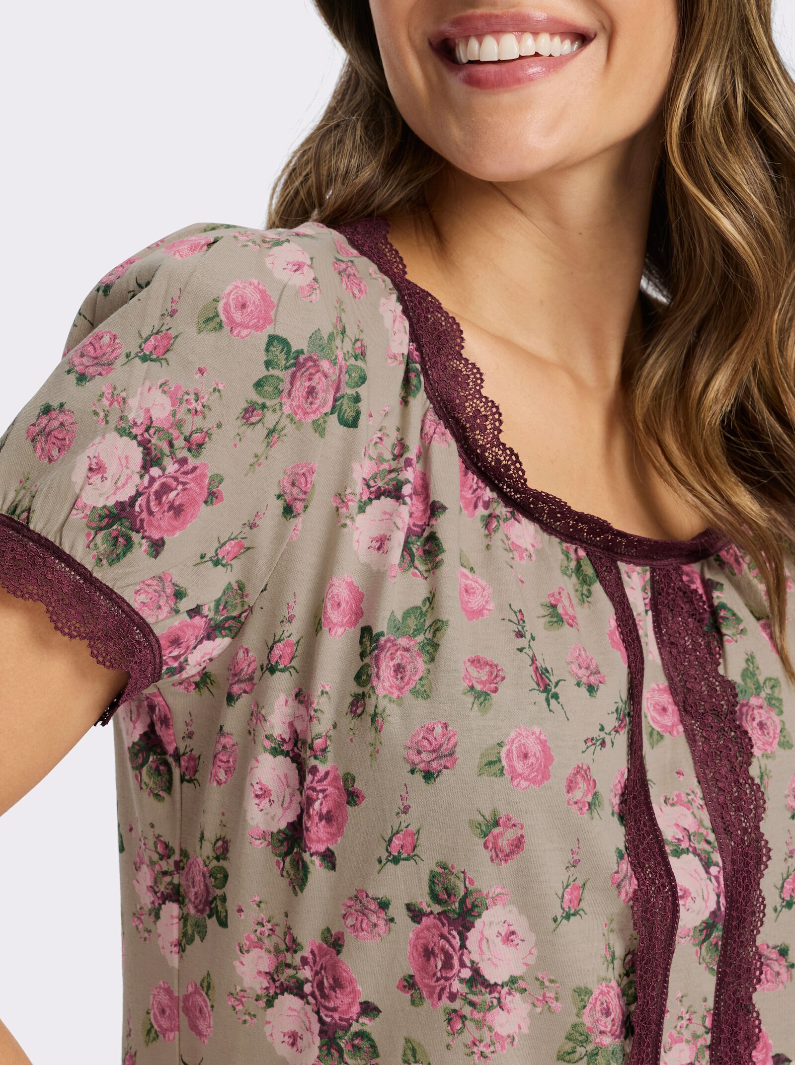 Trachtenshirt mit Spitzen-Details - beige-kirsche-bedruckt