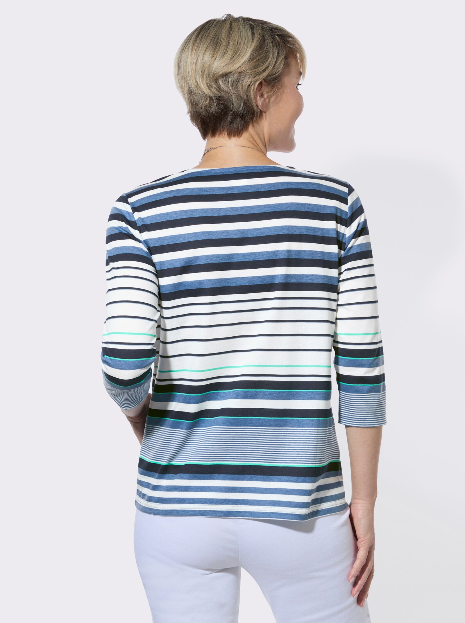 Rundhalsshirt mit 3/4-Ärmeln - mittelblau-ecru-geringelt