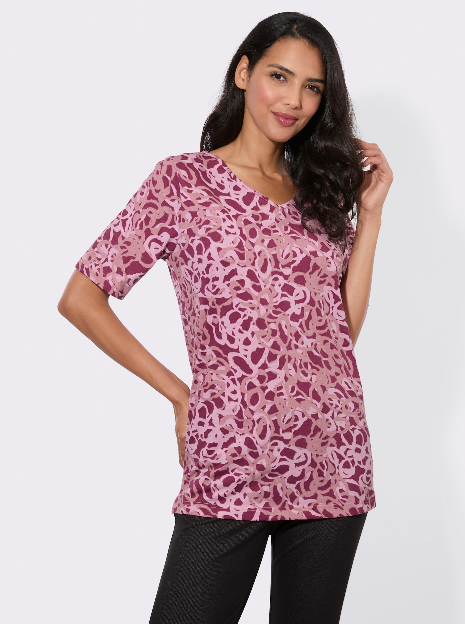V-Shirt mit Seitenschlitzen - rosenholz-rosenquarz-bedruckt