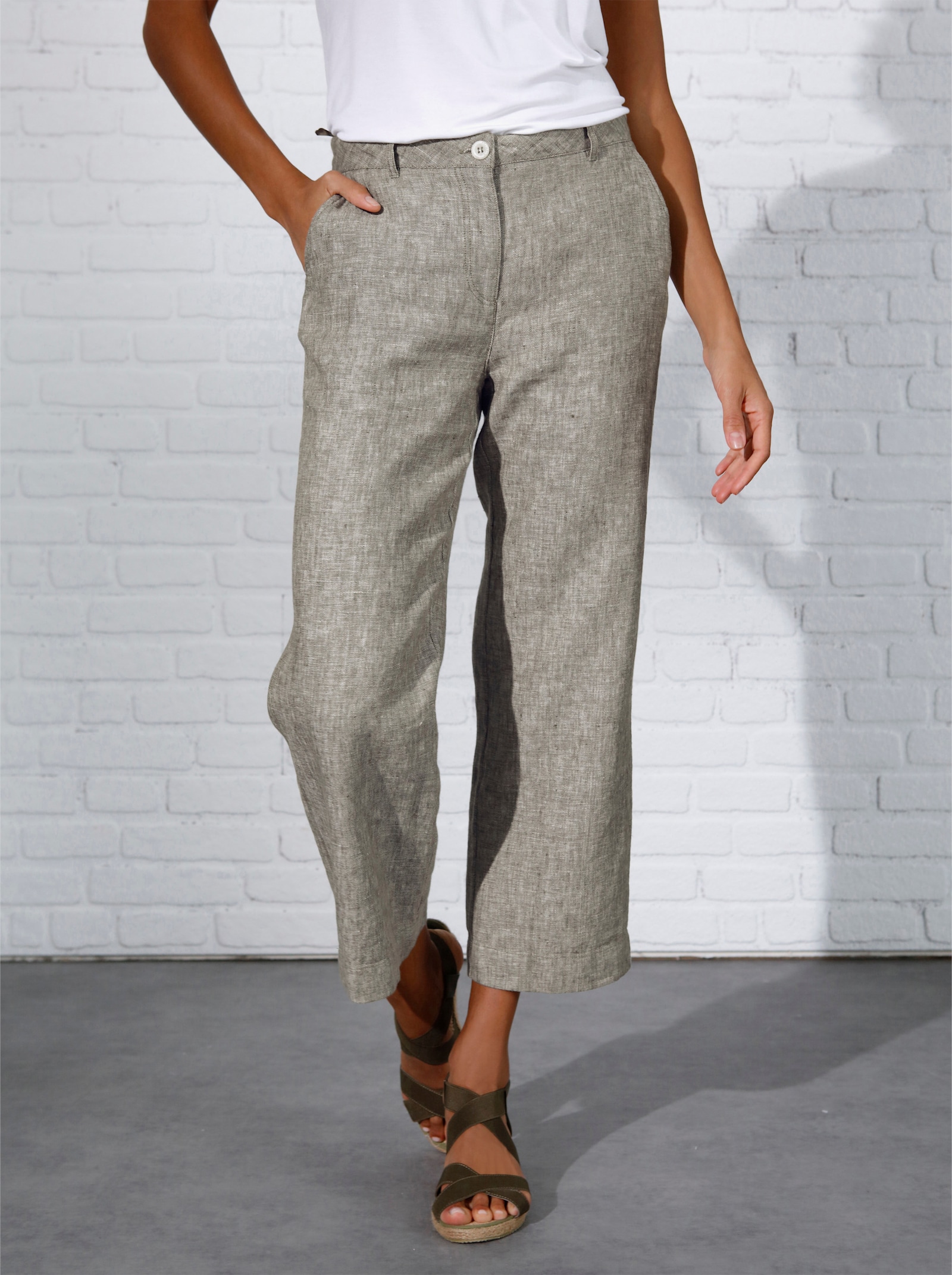 CREATION L PREMIUM Leinenhose im Culotte-Stil - khaki-weiß-meliert