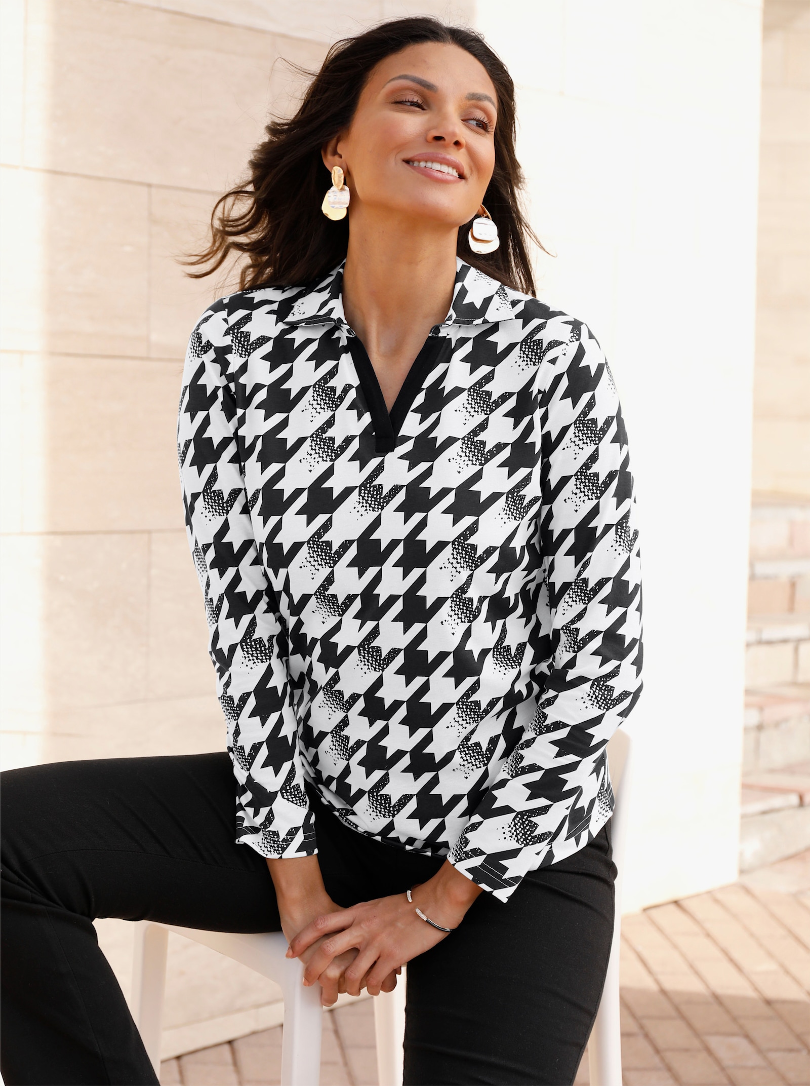 Langarmshirt mit Hahnentritt-Muster - schwarz-ecru-bedruckt