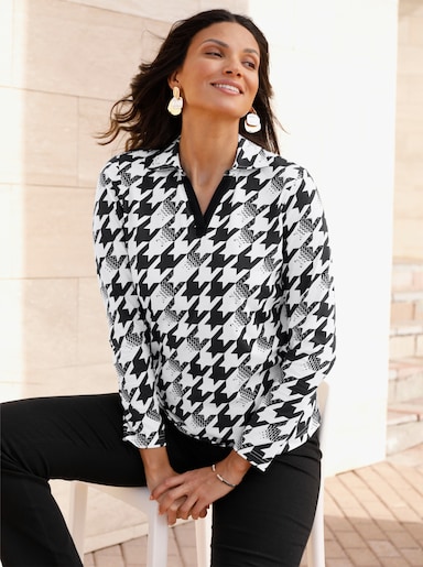 Langarmshirt mit Hahnentritt-Muster - schwarz-ecru-bedruckt