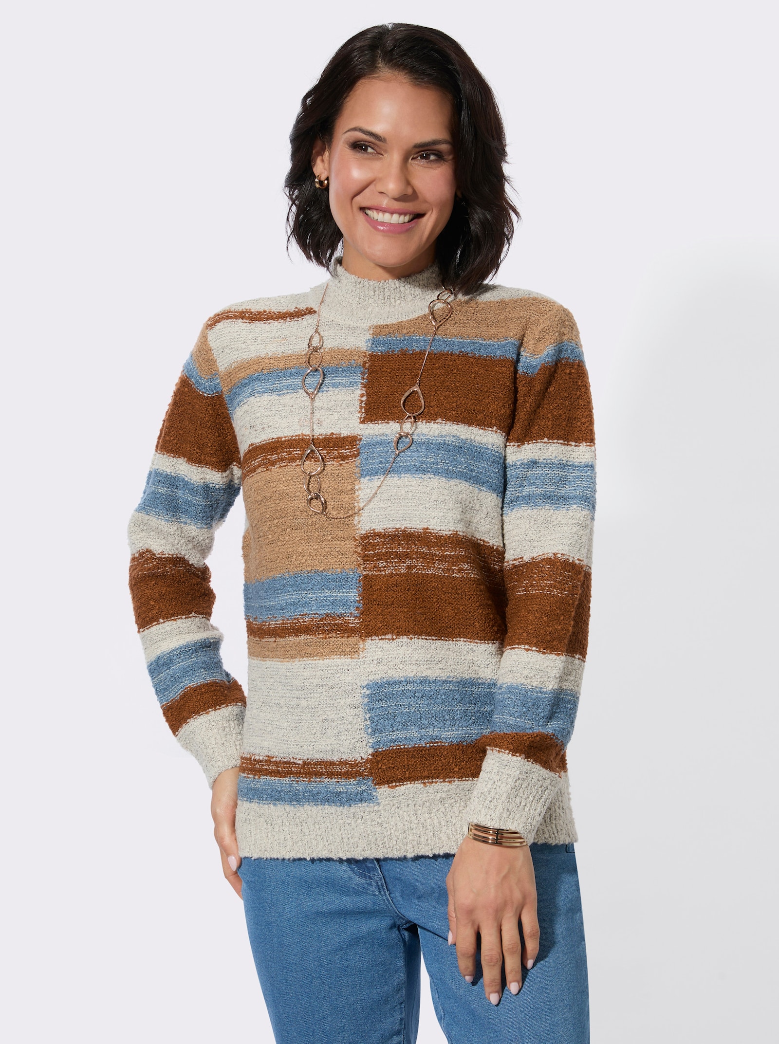 Stehkragenpullover mit Intarsienmuster - champagner-cognac-gemustert