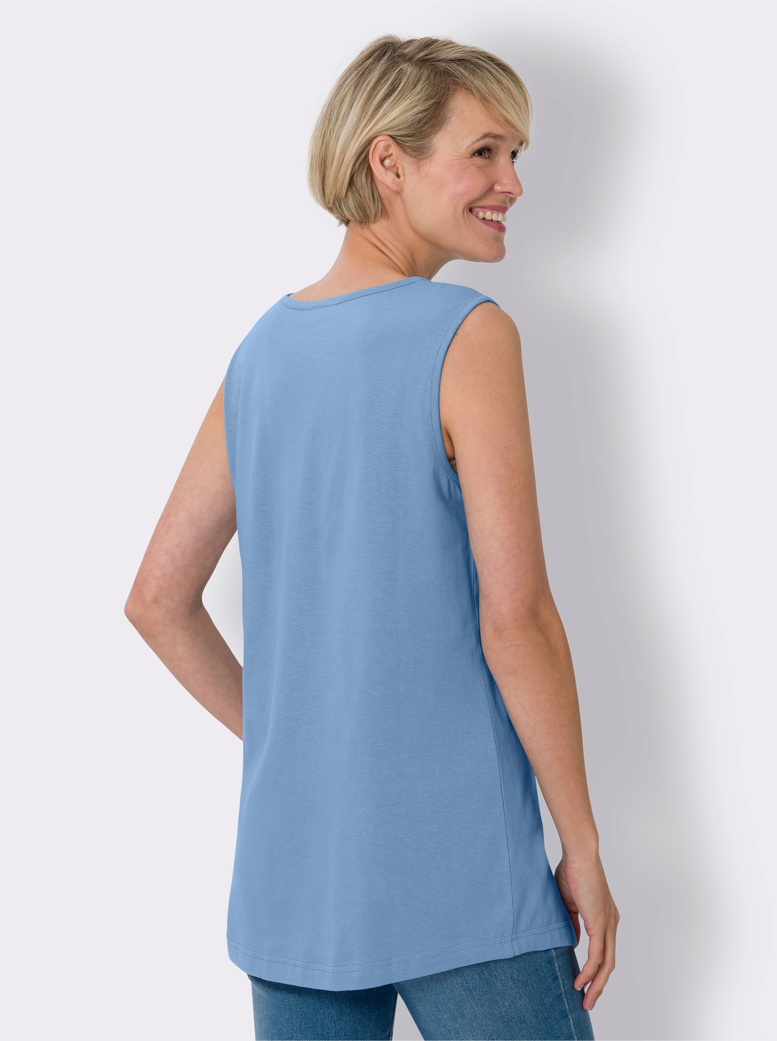 Longtop mit abgerundetem Saum - himmelblau + apricot